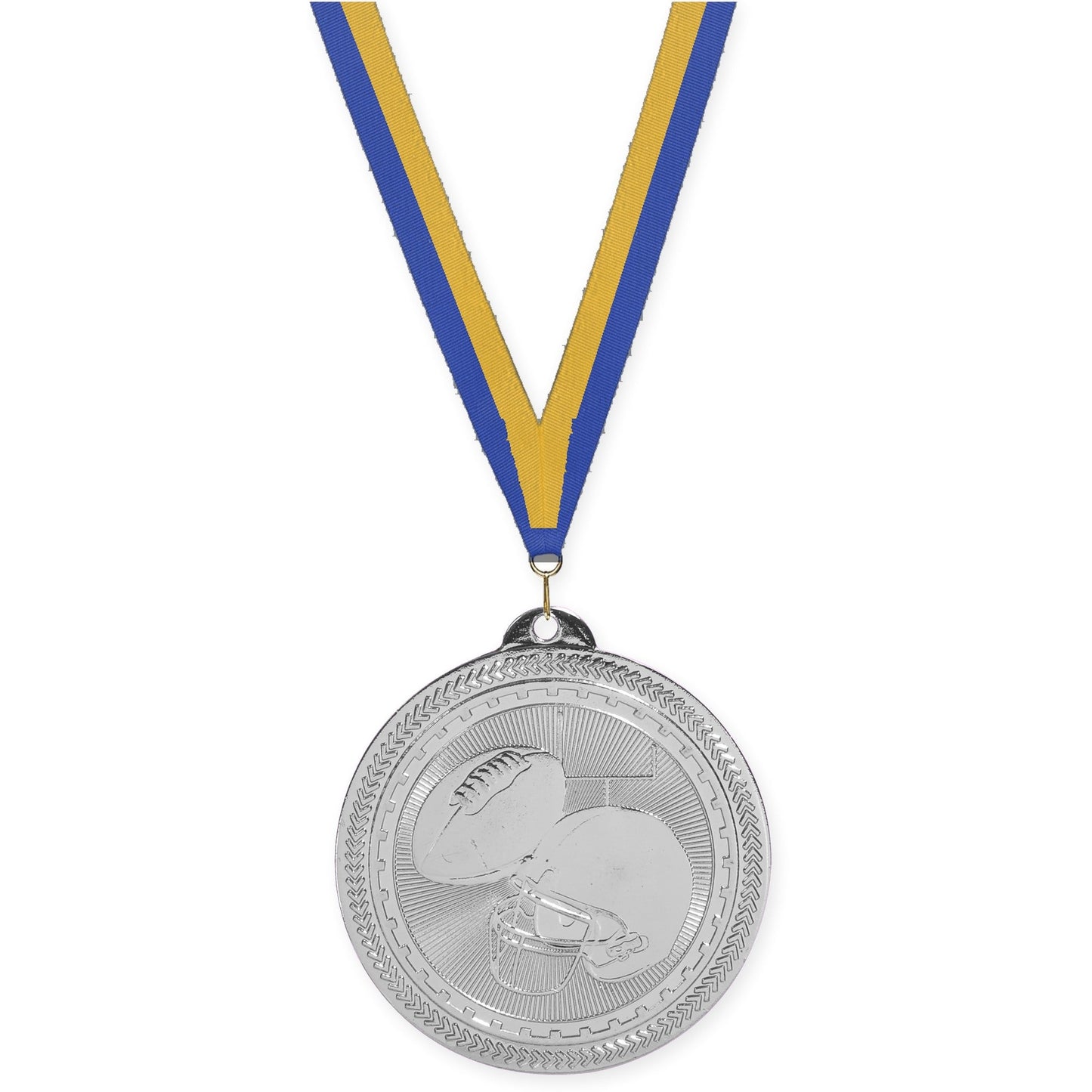 2 inch football Sunburst medal in bright silver with Blue Gold neck ribbon
