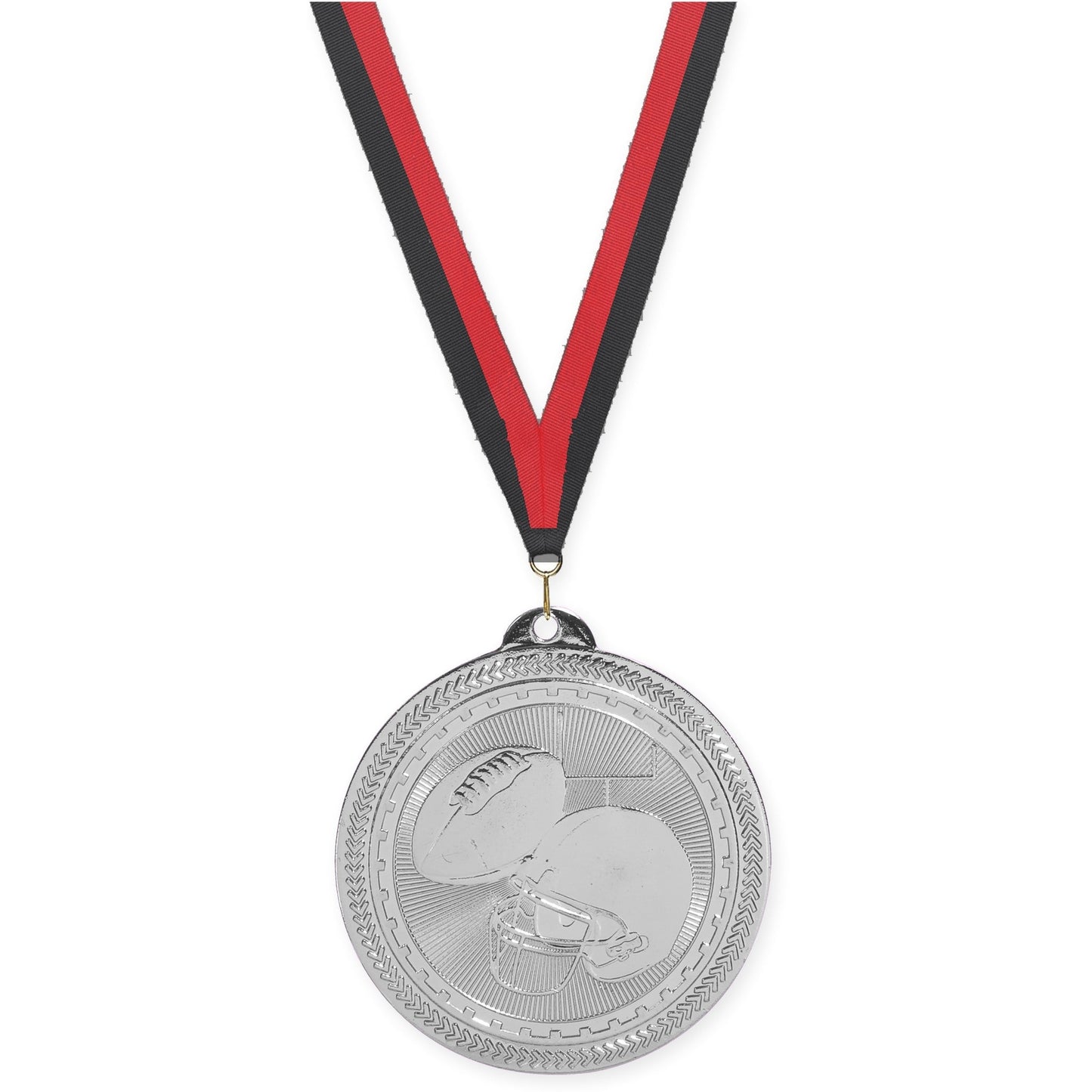 2 inch football Sunburst medal in bright silver with Black Red neck ribbon