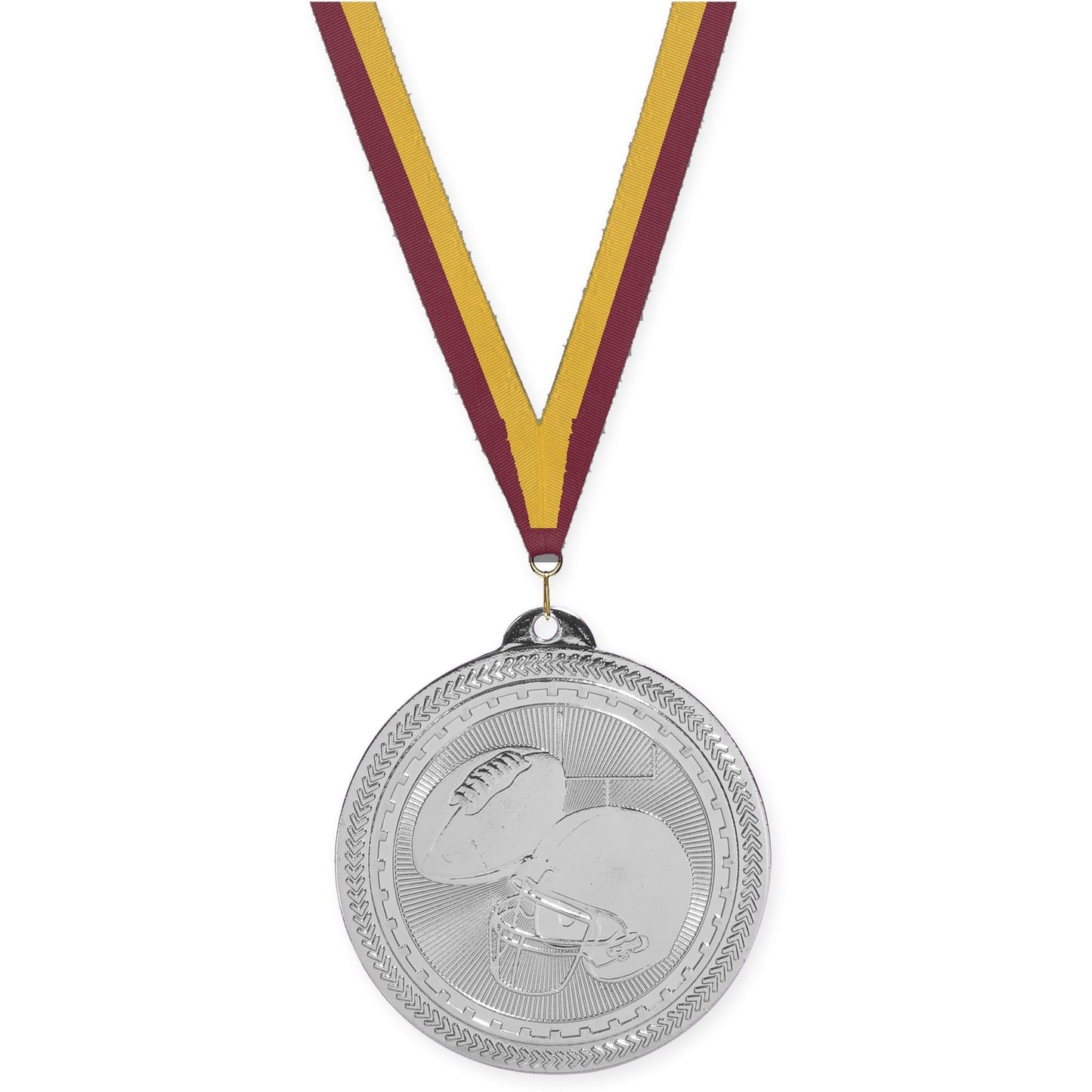 2 inch football Sunburst medal in bright silver with Maroon Gold neck ribbon