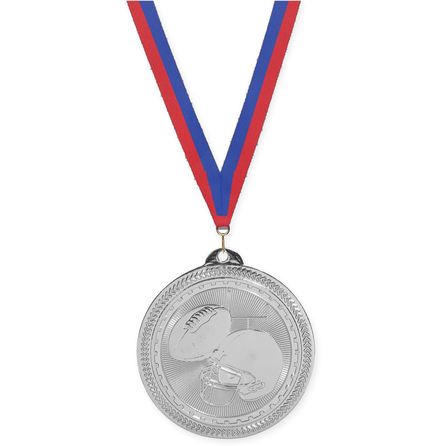 2 inch football Sunburst medal in bright silver with Blue Red neck ribbon