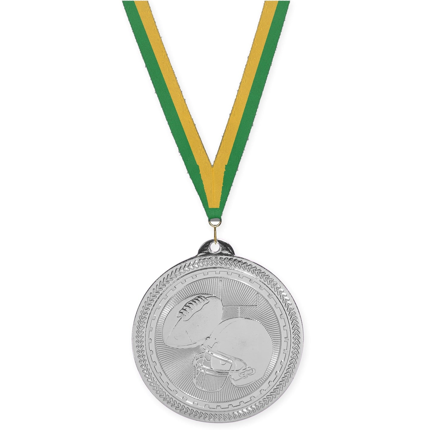 2 inch football Sunburst medal in bright silver with Green Gold neck ribbon
