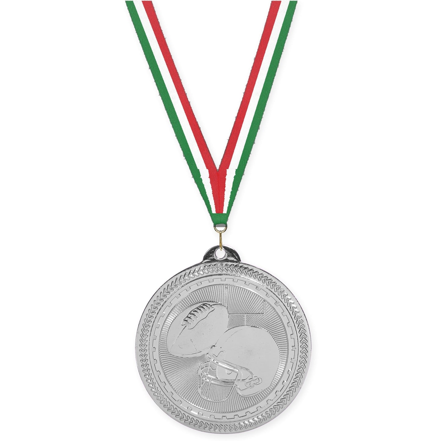 2 inch football Sunburst medal in bright silver with Green White Red neck ribbon
