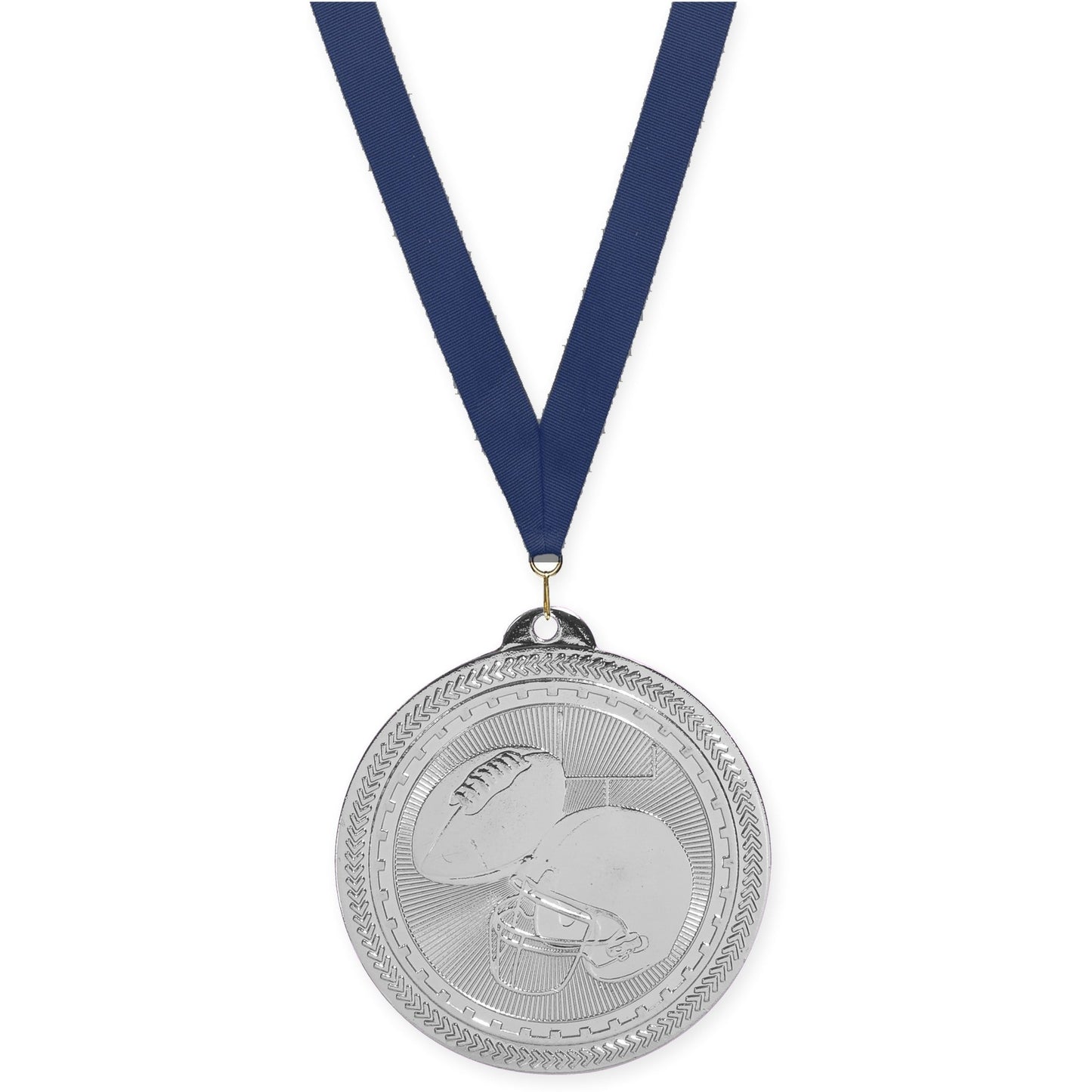 2 inch football Sunburst medal in bright silver with Navy neck ribbon