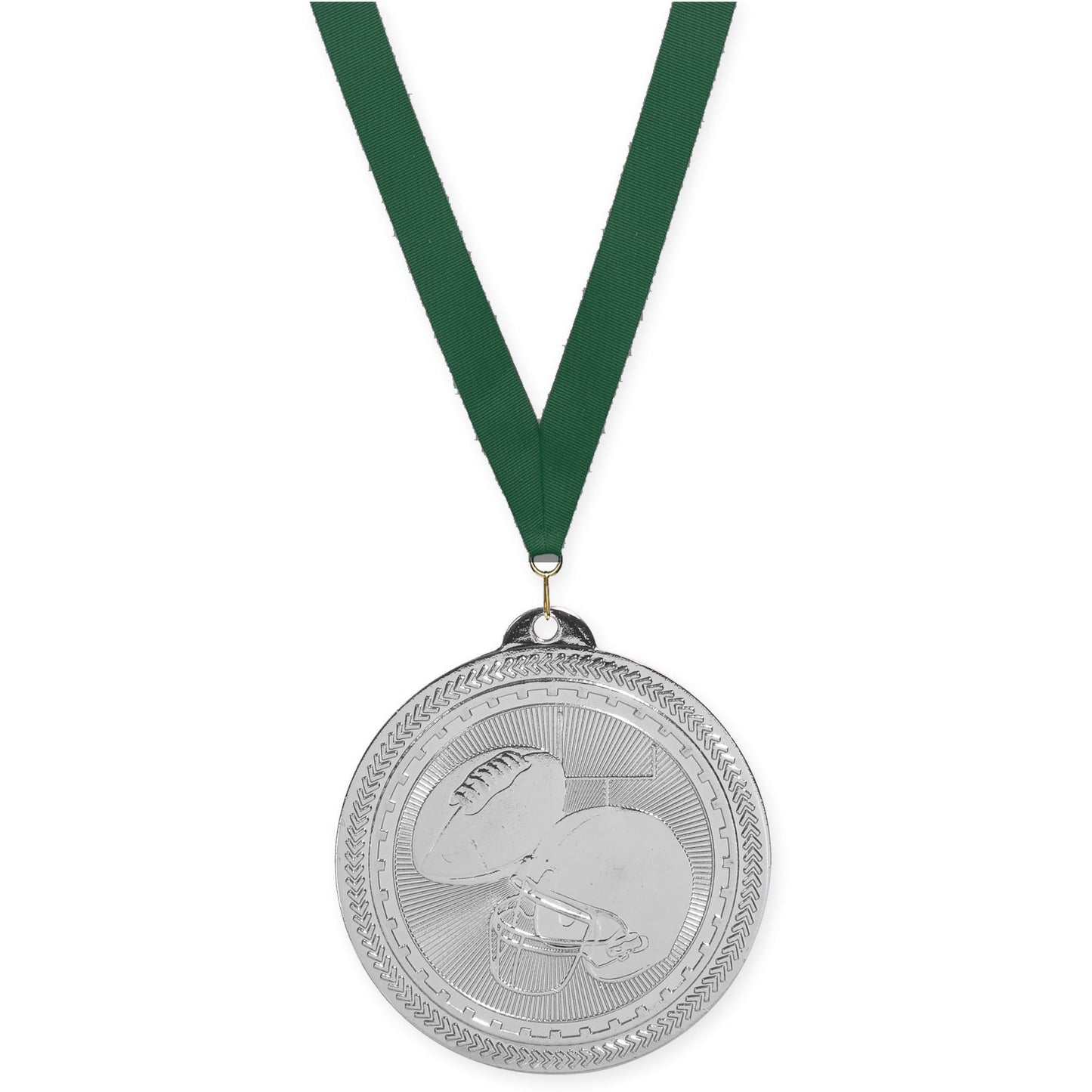 2 inch football Sunburst medal in bright silver with Hunter Green neck ribbon