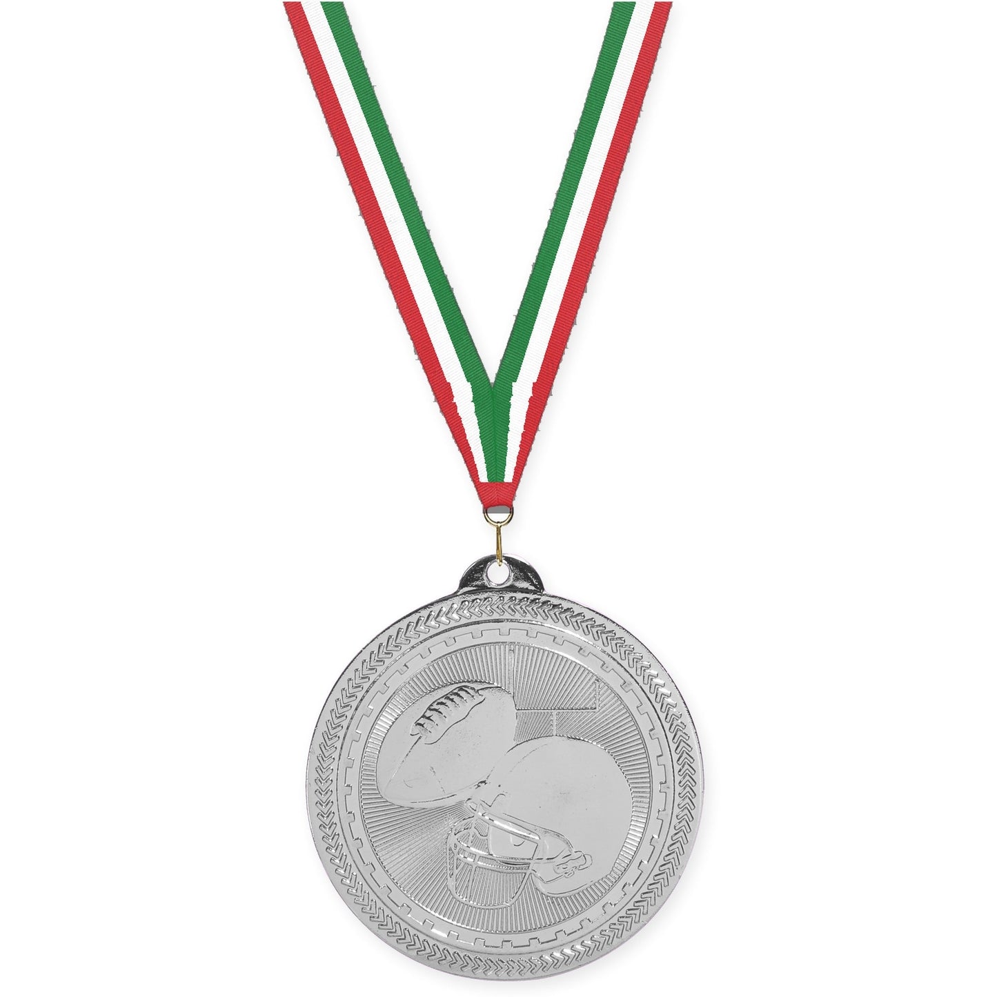 2 inch football Sunburst medal in bright silver with Red White Green neck ribbon