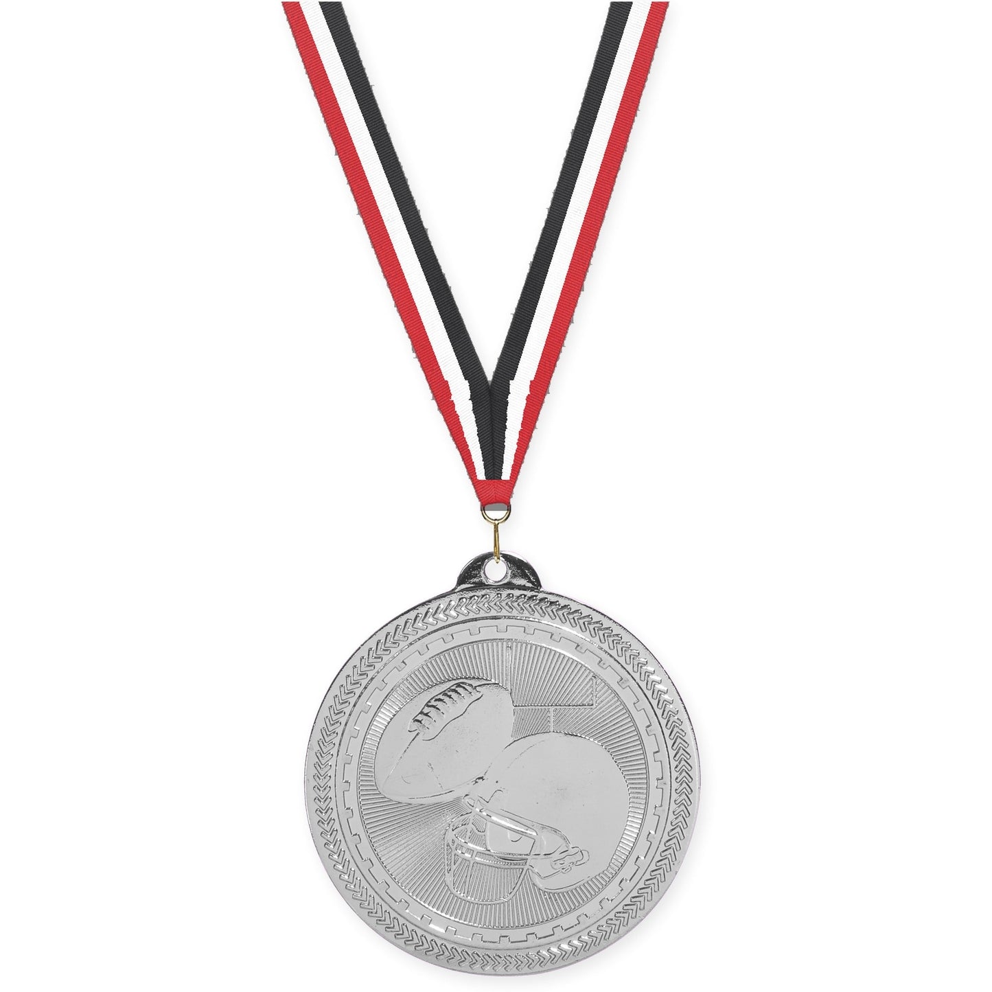 2 inch football Sunburst medal in bright silver with Red White Black neck ribbon