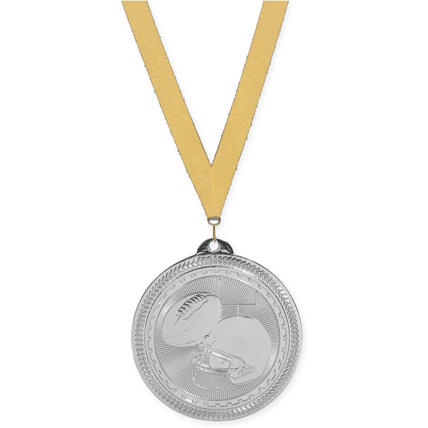 2 inch football Sunburst medal in bright silver with Gold Metallic neck ribbon