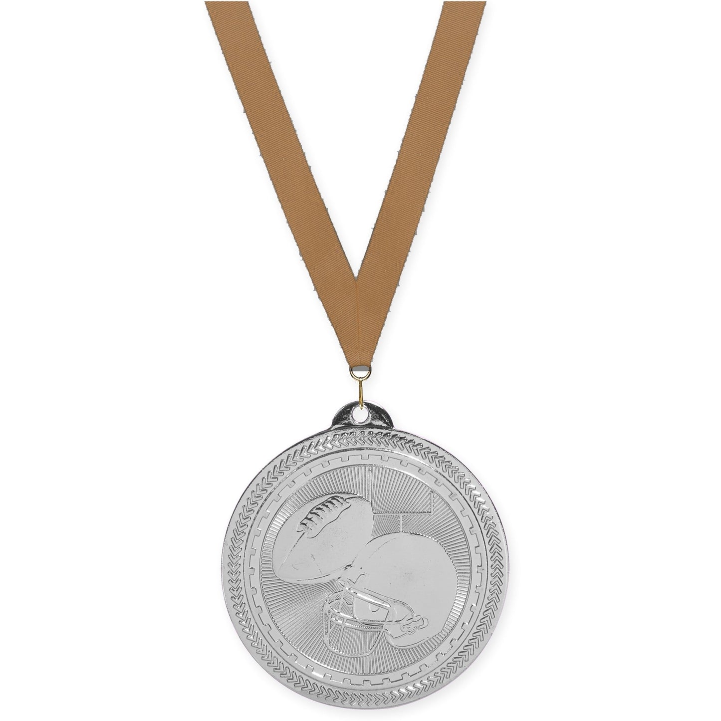 2 inch football Sunburst medal in bright silver with Bronze Metallic neck ribbon
