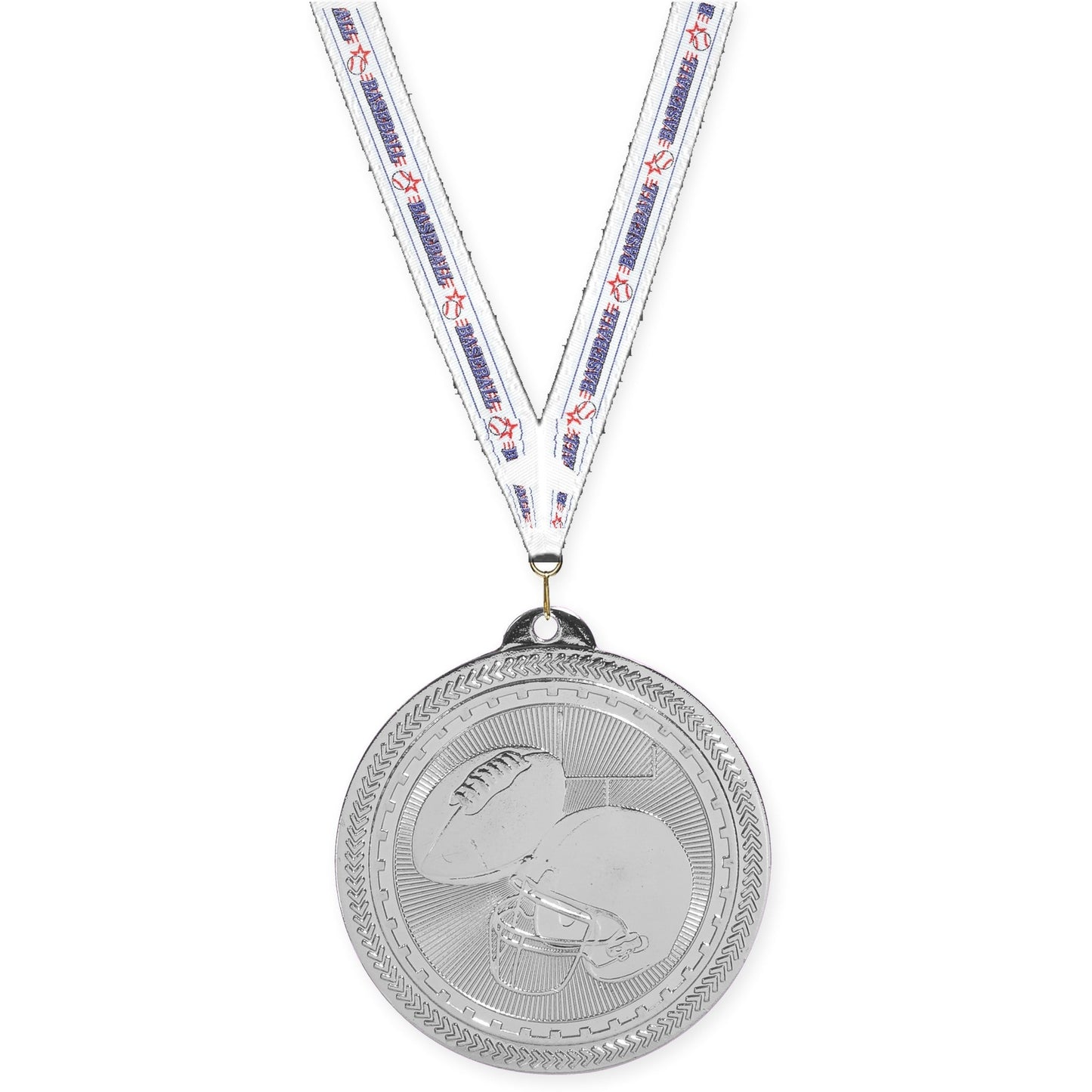 2 inch football Sunburst medal in bright silver with Baseball neck ribbon