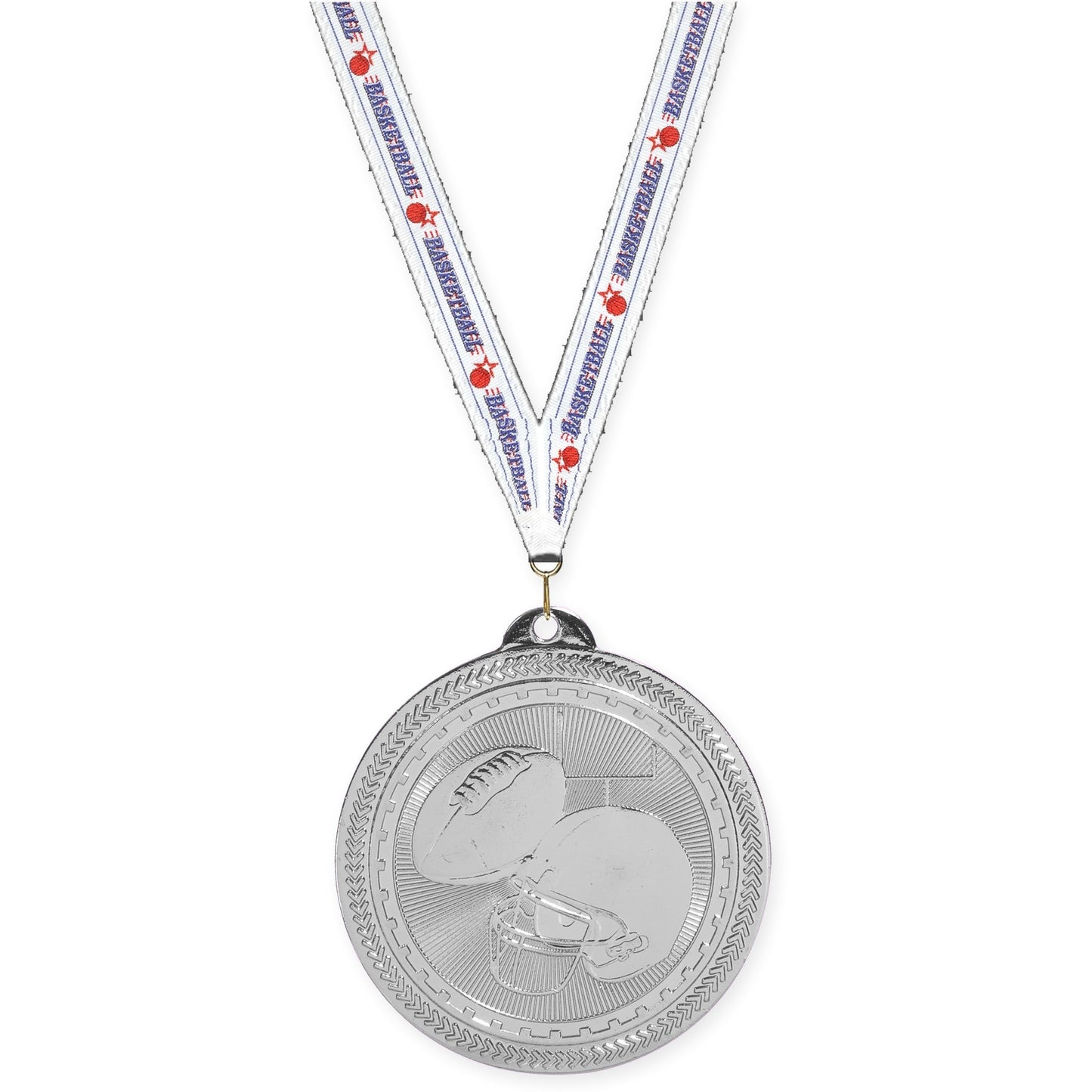 2 inch football Sunburst medal in bright silver with Basketball neck ribbon
