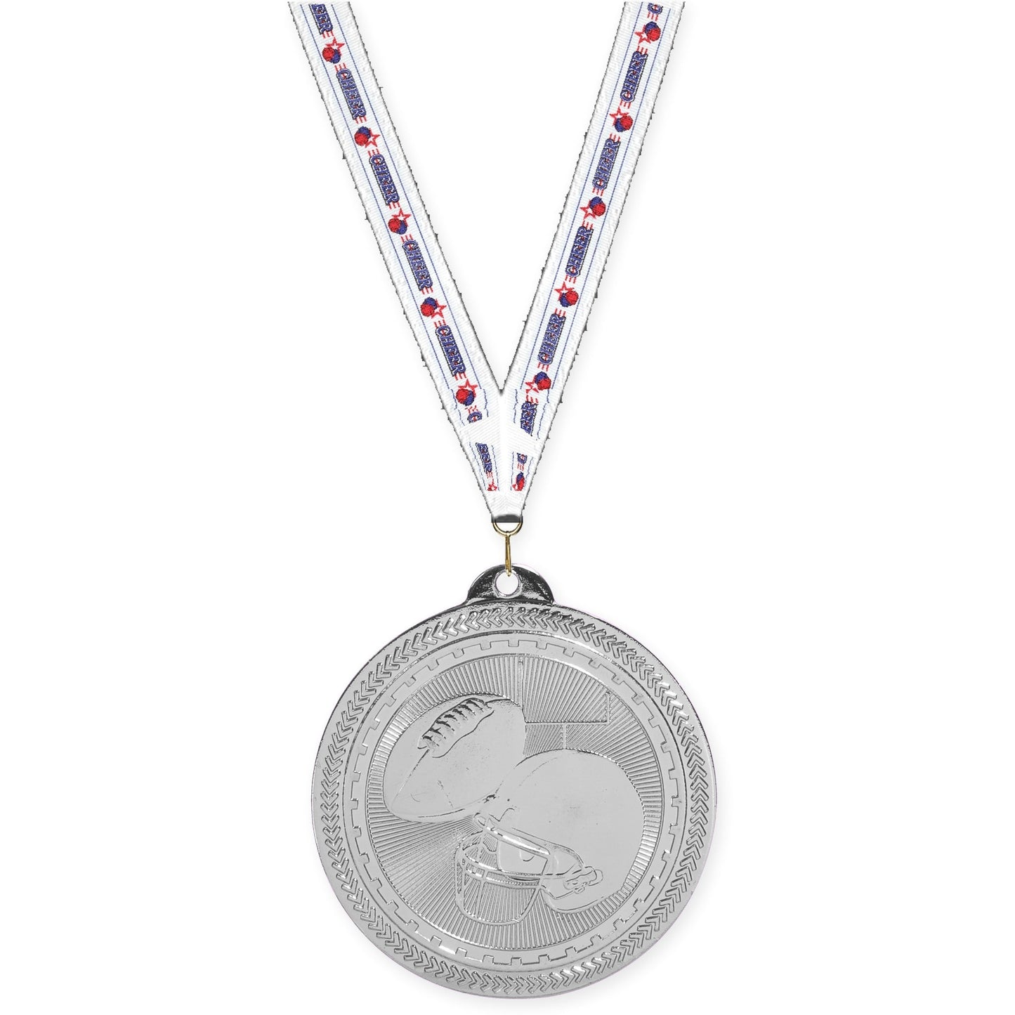 2 inch football Sunburst medal in bright silver with Cheerleading neck ribbon