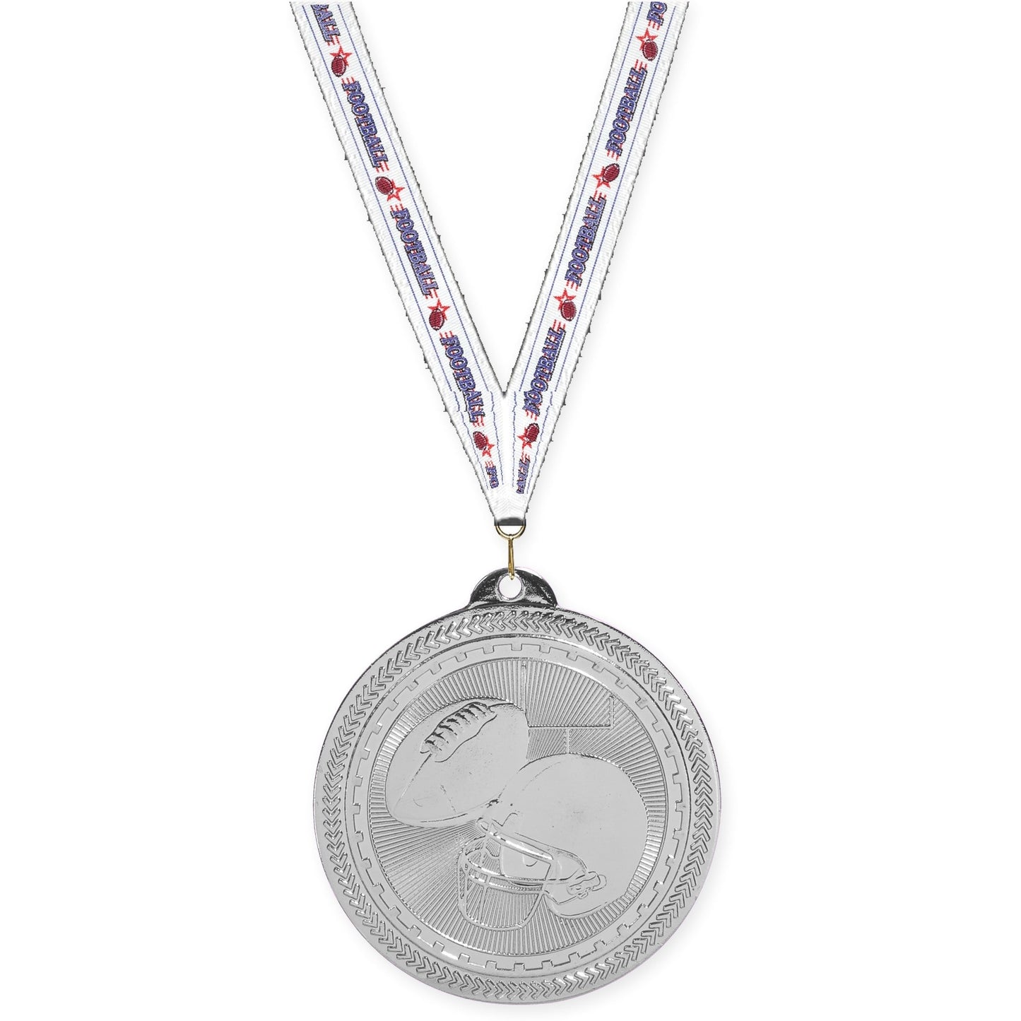 2 inch football Sunburst medal in bright silver with Football neck ribbon