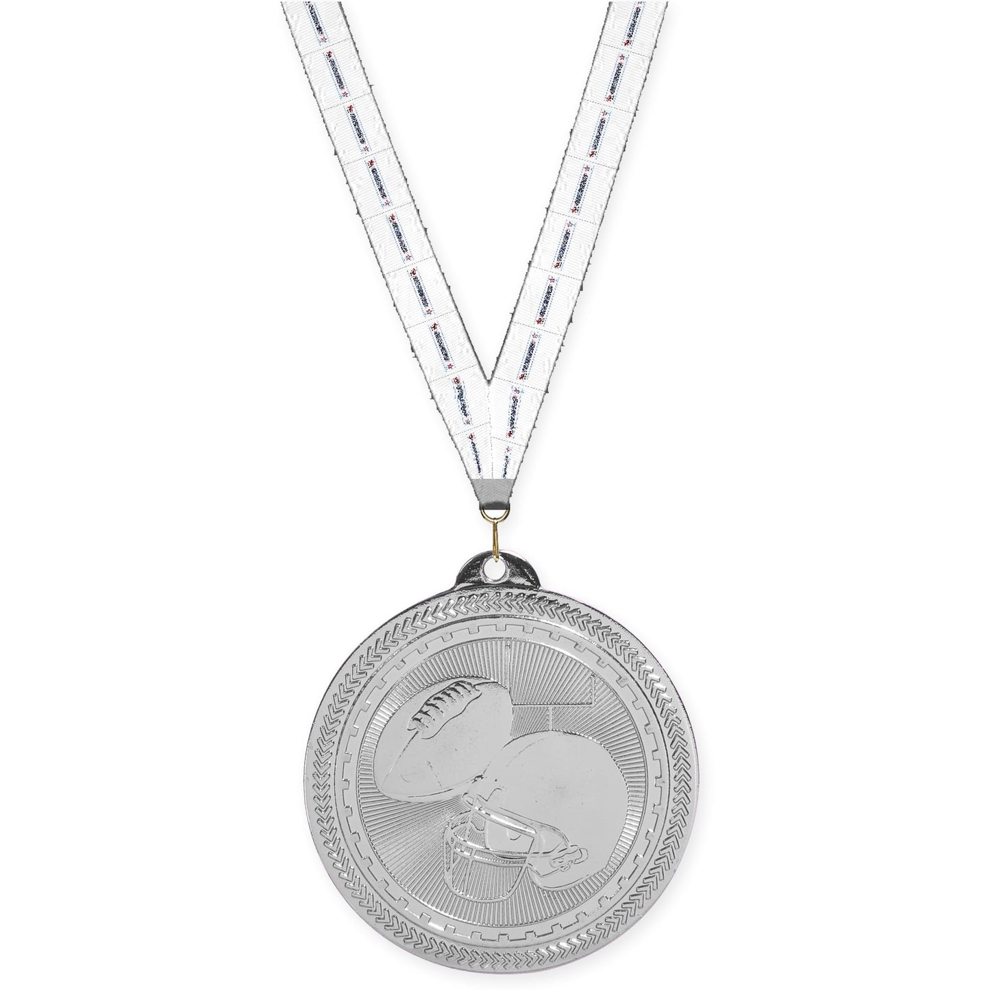 2 inch football Sunburst medal in bright silver with Gymnastics neck ribbon