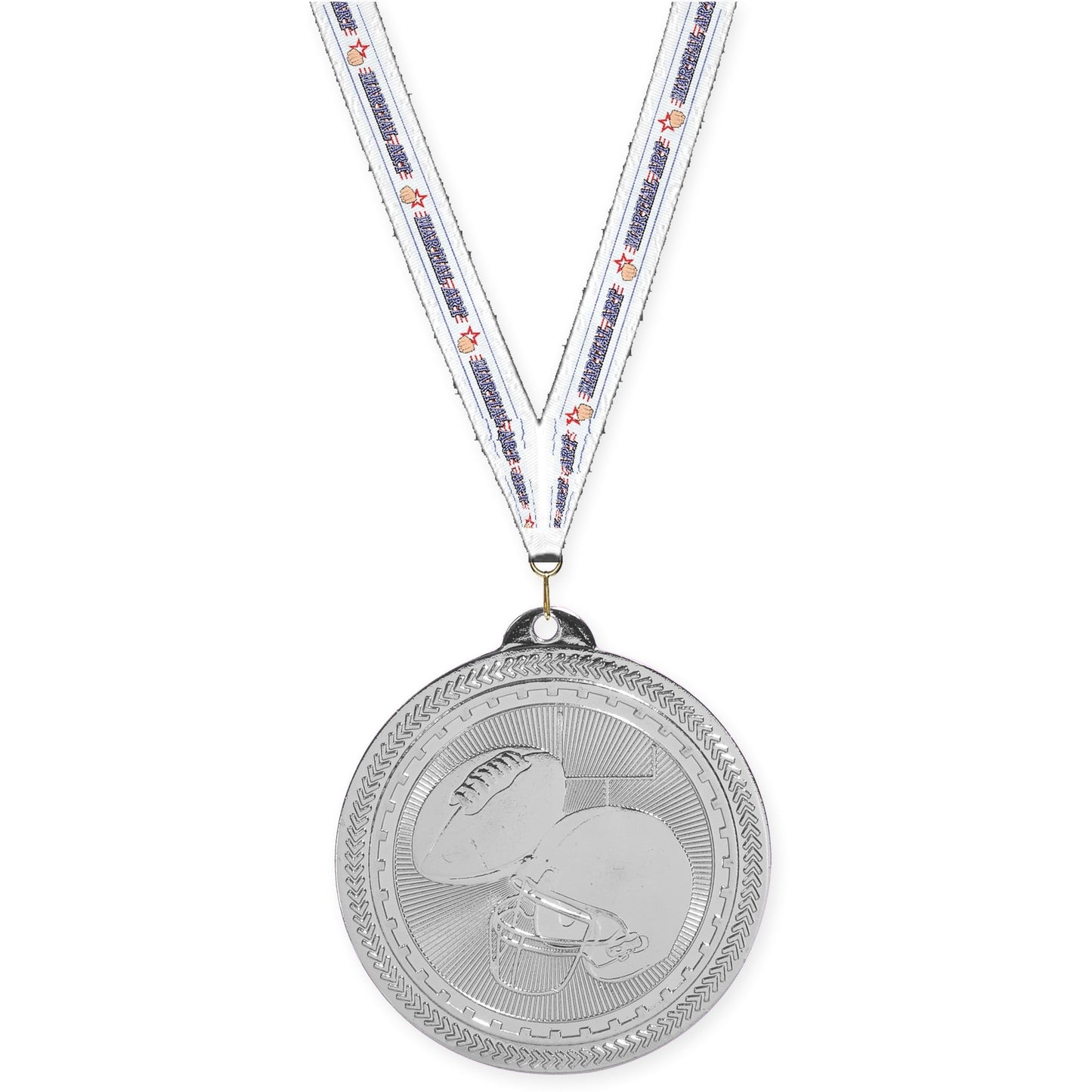 2 inch football Sunburst medal in bright silver with Martial Arts neck ribbon