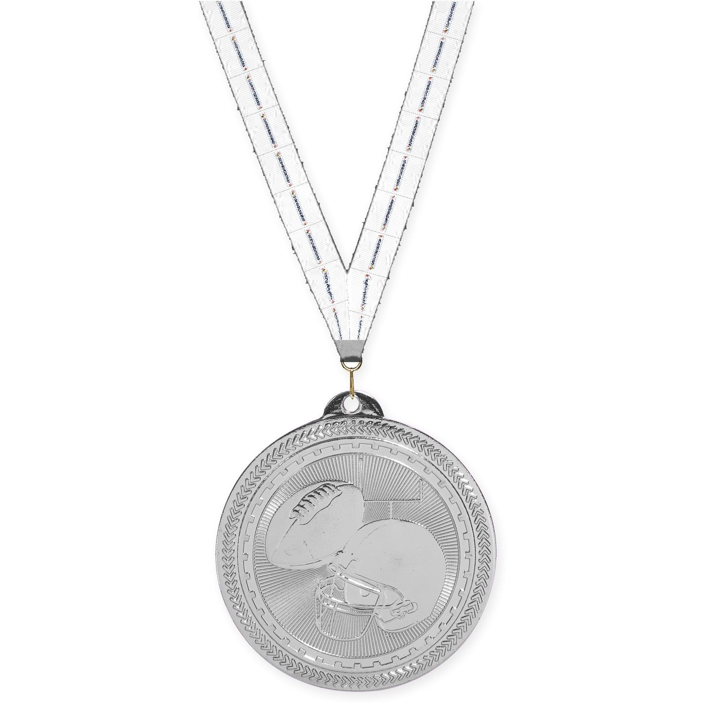 2 inch football Sunburst medal in bright silver with Lamp Of Knowledge neck ribbon