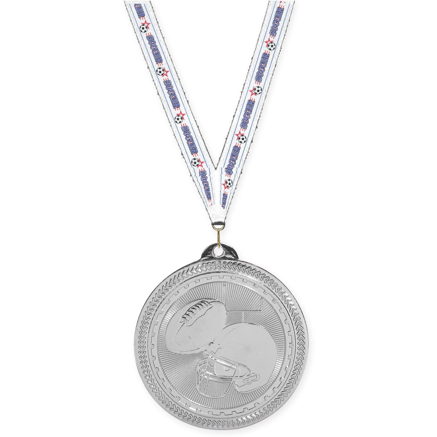 2 inch football Sunburst medal in bright silver with Soccer neck ribbon
