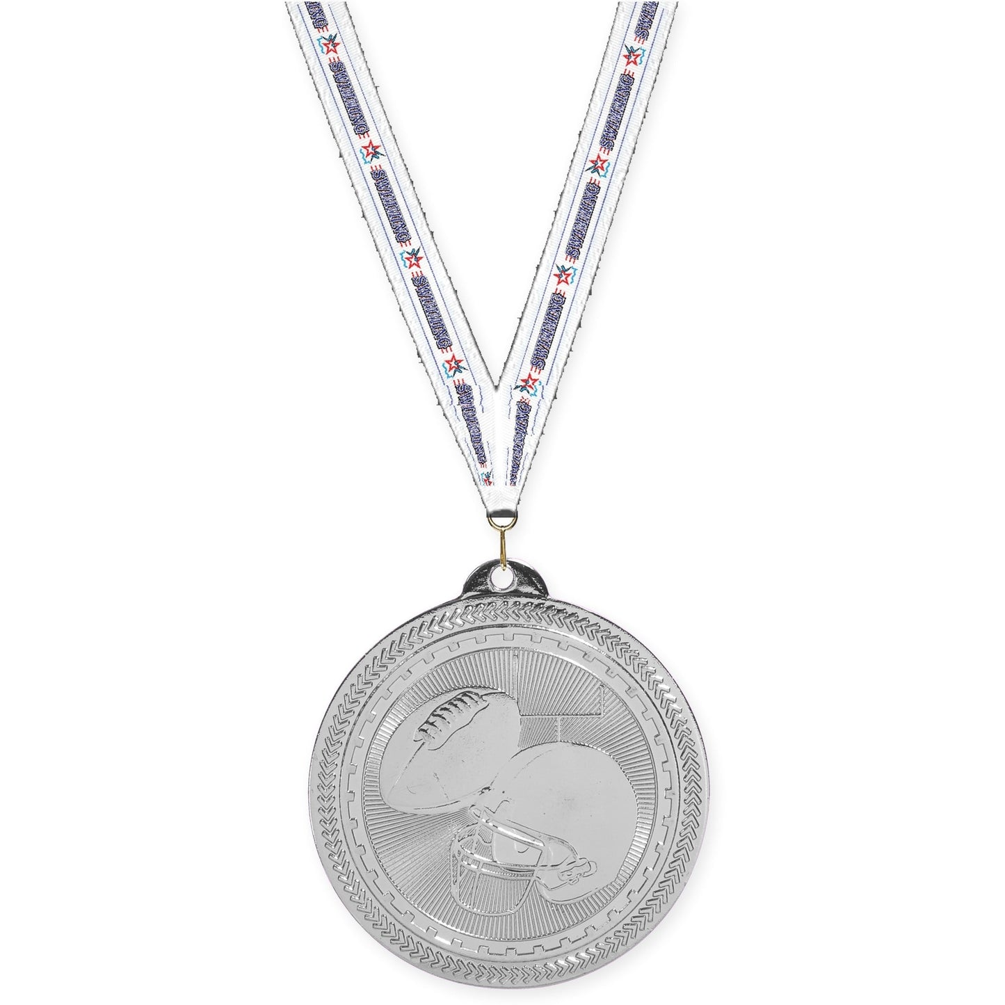 2 inch football Sunburst medal in bright silver with Swimming neck ribbon