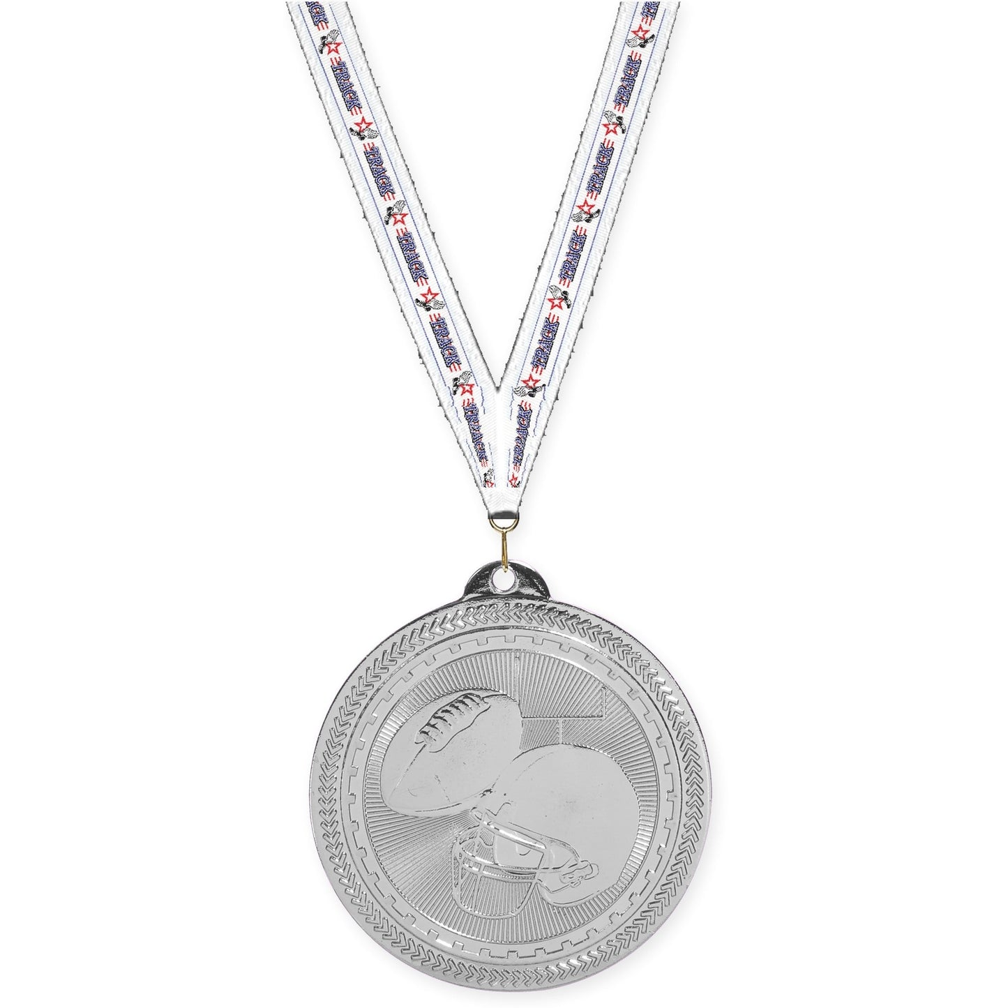 2 inch football Sunburst medal in bright silver with Track neck ribbon