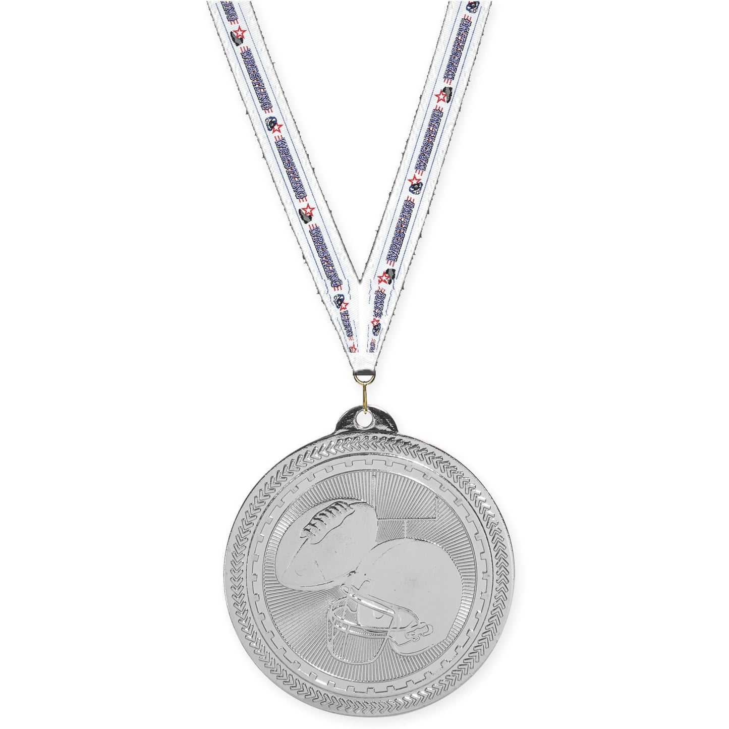 2 inch football Sunburst medal in bright silver with Wrestling neck ribbon