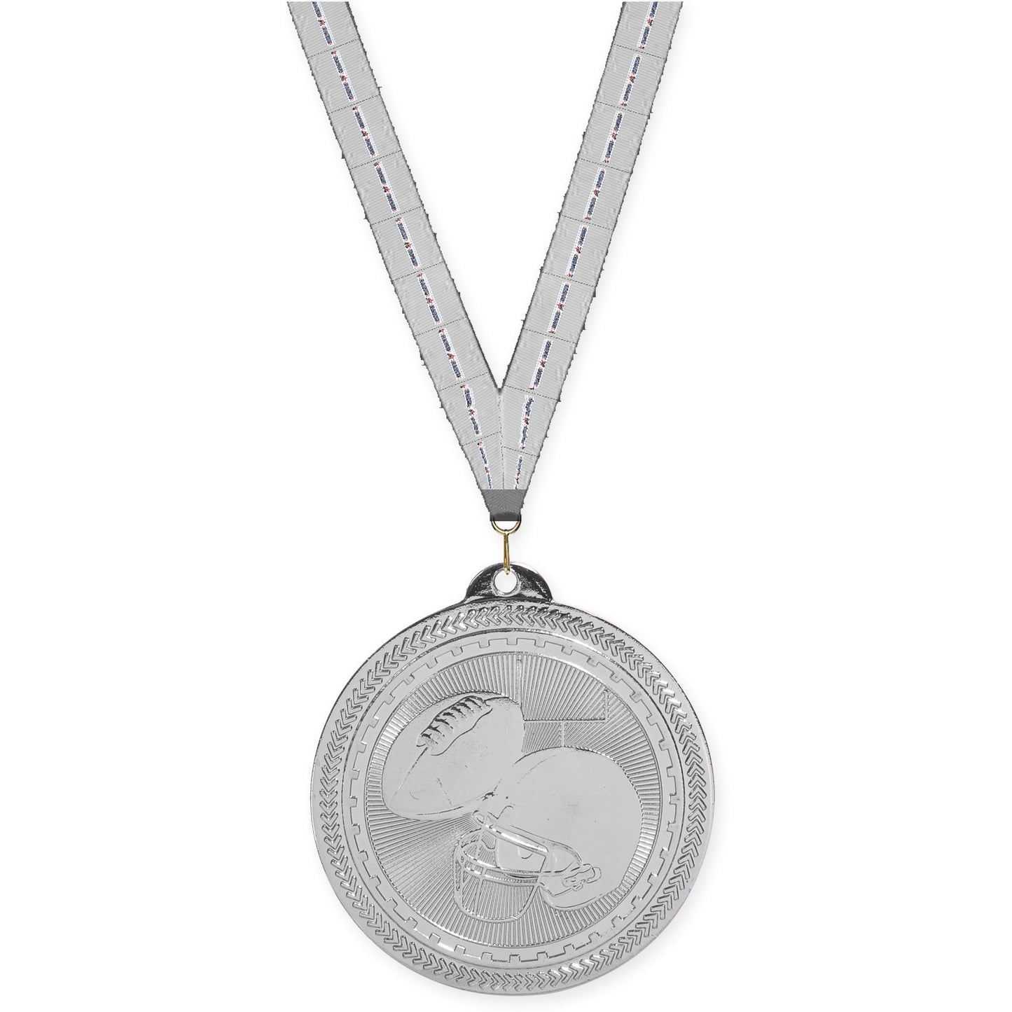 2 inch football Sunburst medal in bright silver with Auto Racing neck ribbon