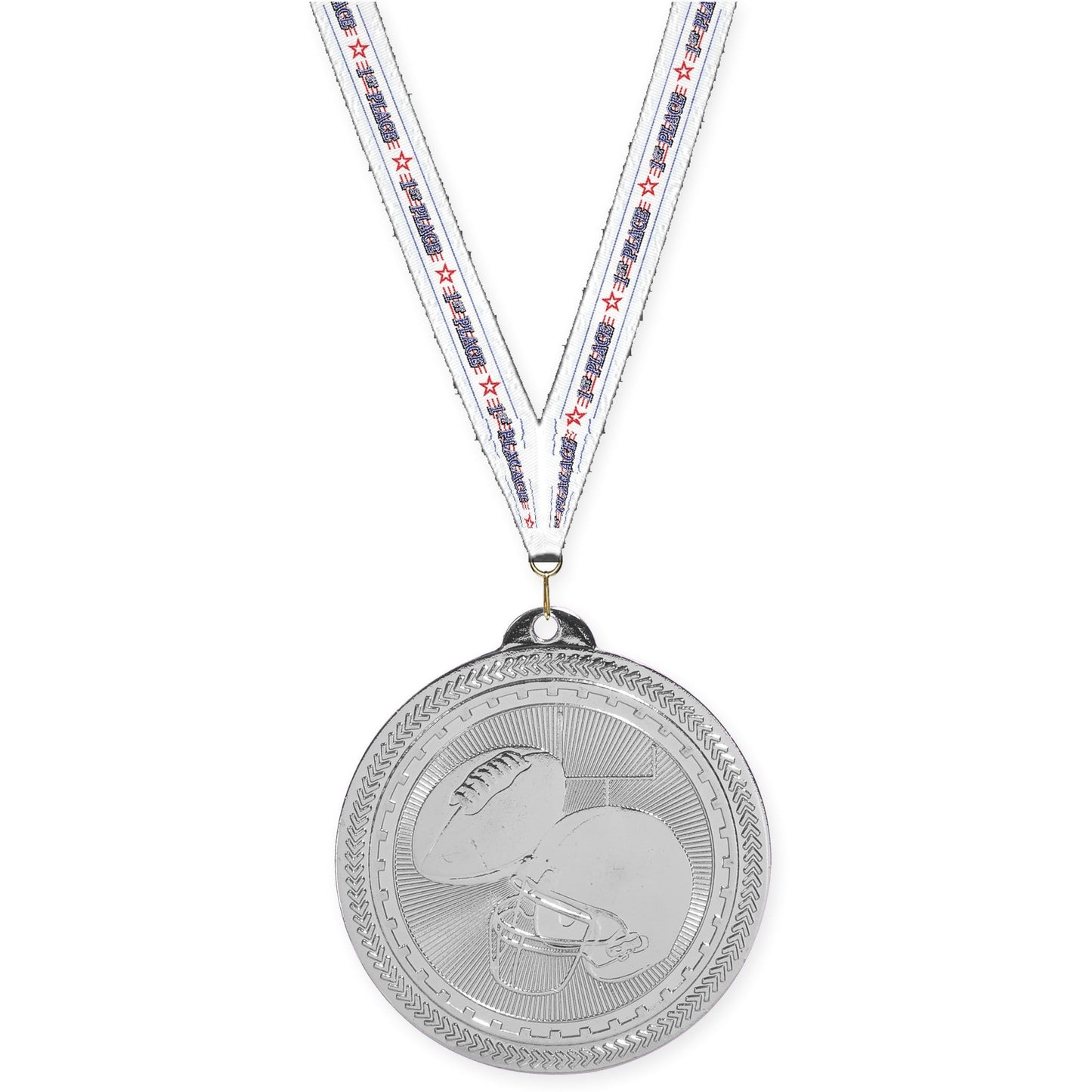 2 inch football Sunburst medal in bright silver with 1st Place neck ribbon