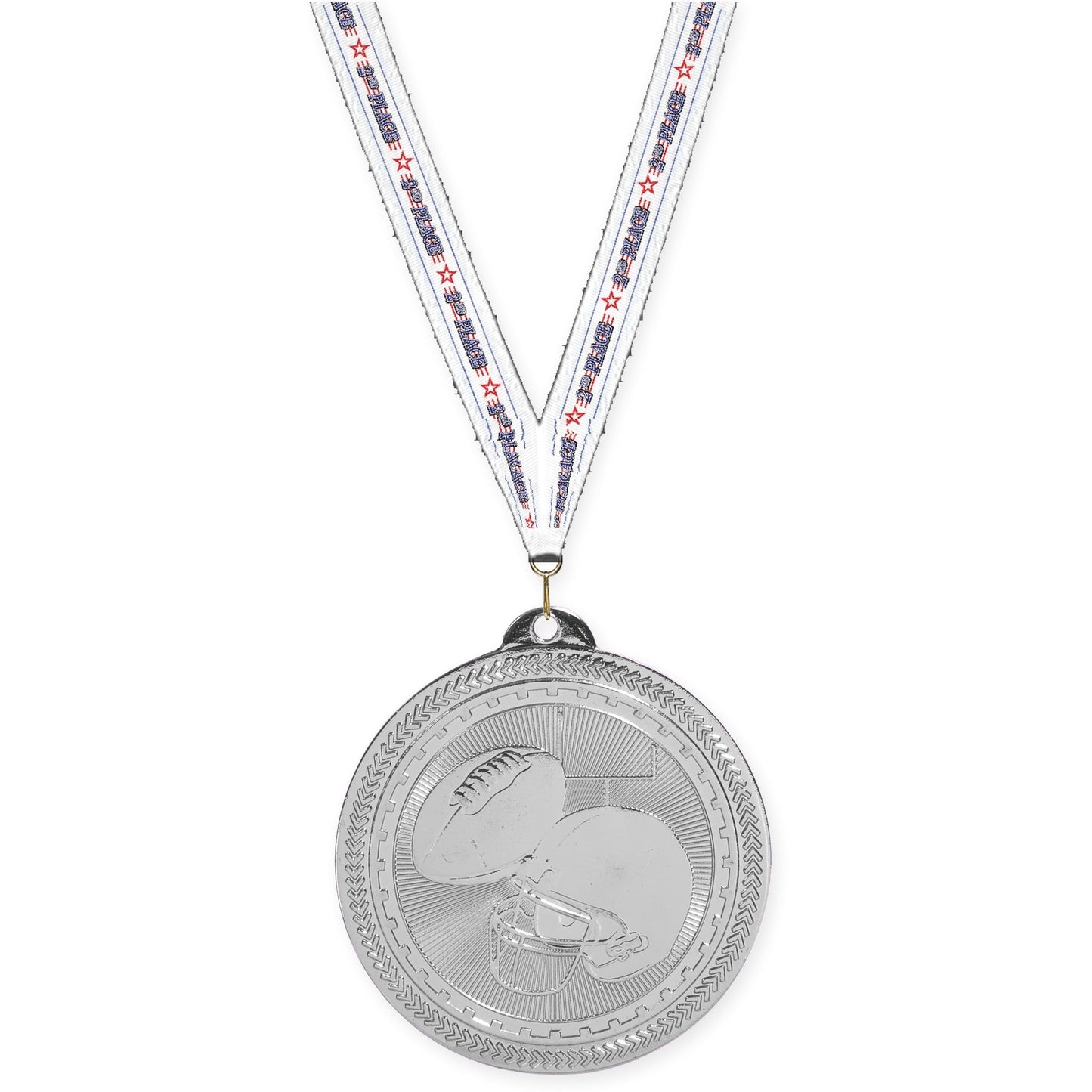 2 inch football Sunburst medal in bright silver with 2nd Place neck ribbon