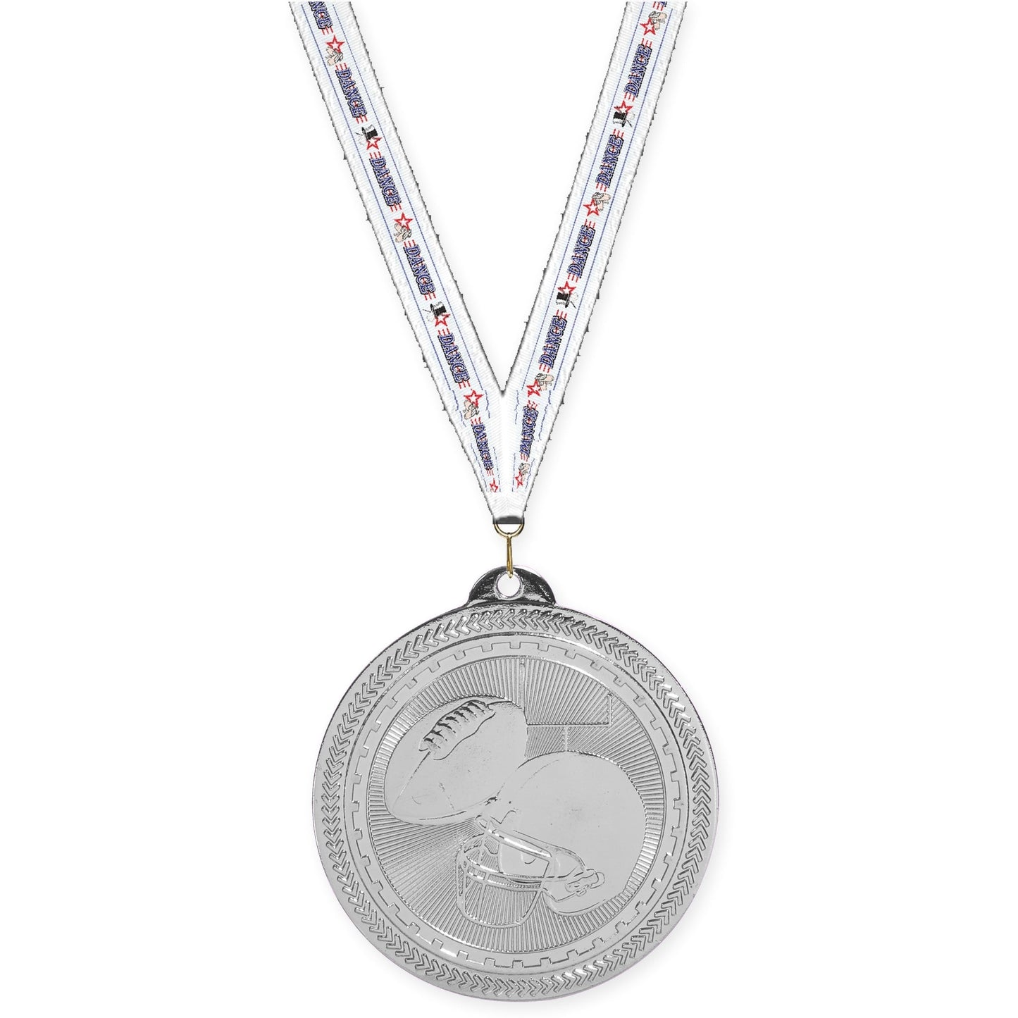 2 inch football Sunburst medal in bright silver with Dance neck ribbon