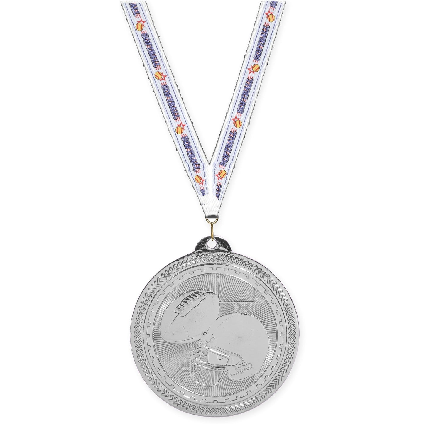 2 inch football Sunburst medal in bright silver with Softball neck ribbon