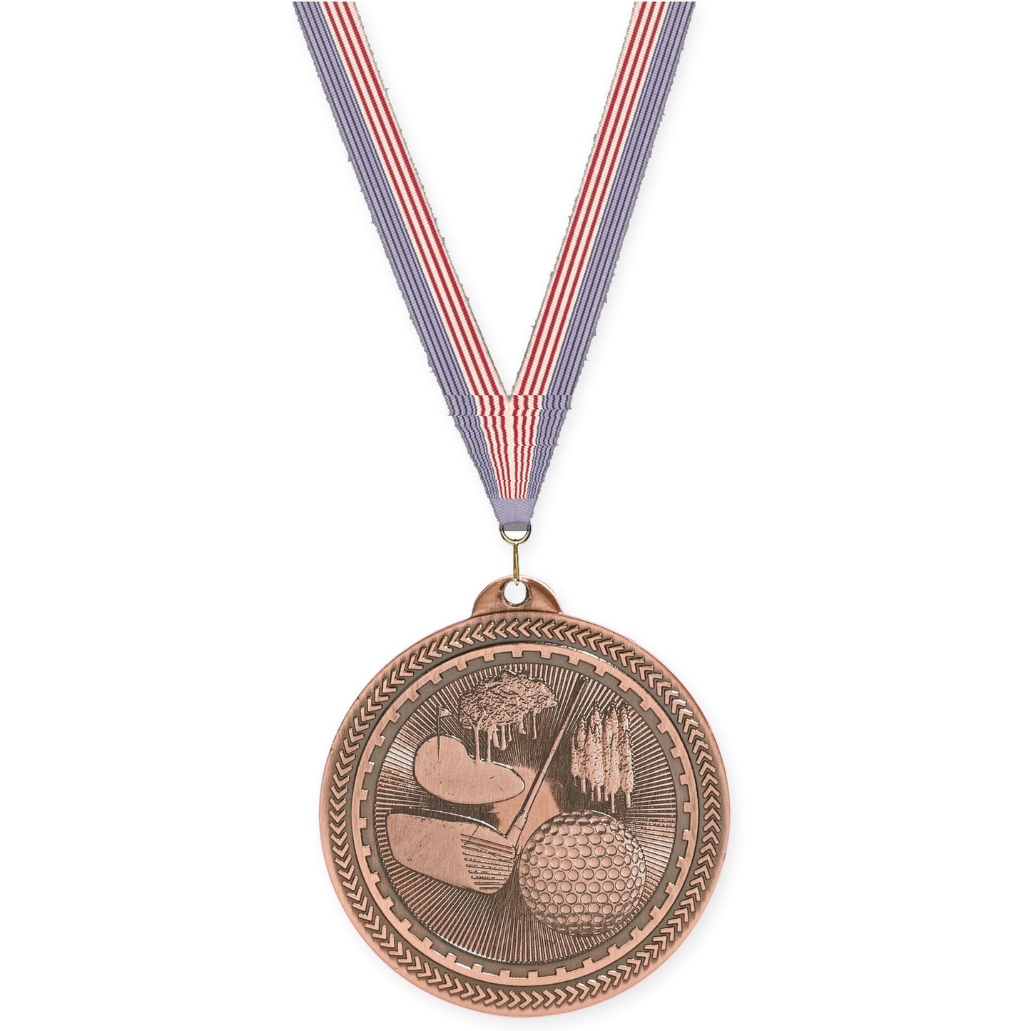 2 inch golf Sunburst medal in antique bronze with USA Flag neck ribbon