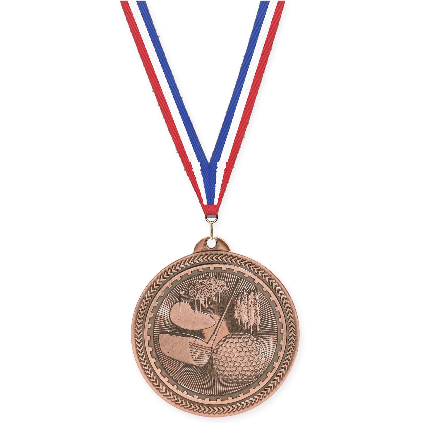 2 inch golf Sunburst medal in antique bronze with Red White Blue neck ribbon