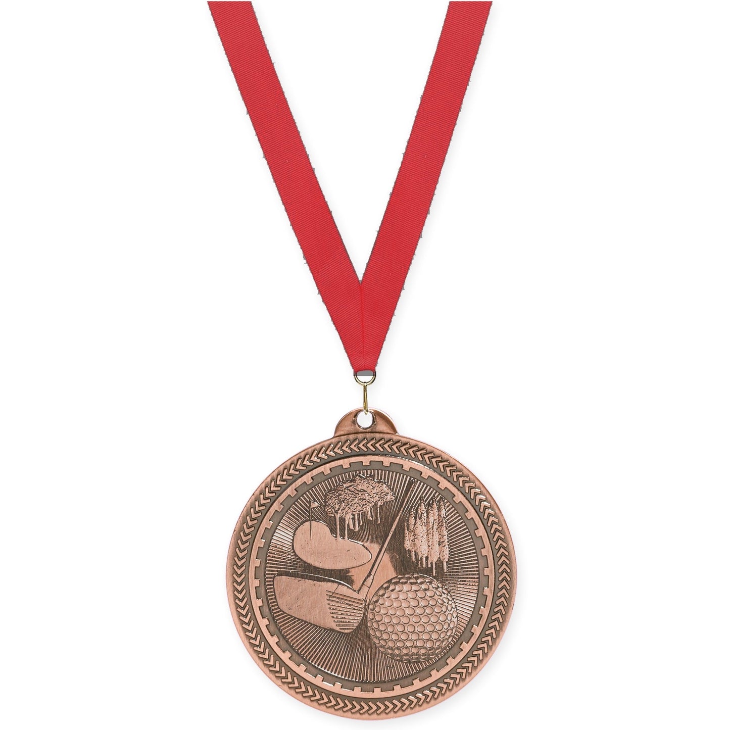 2 inch golf Sunburst medal in antique bronze with Red neck ribbon