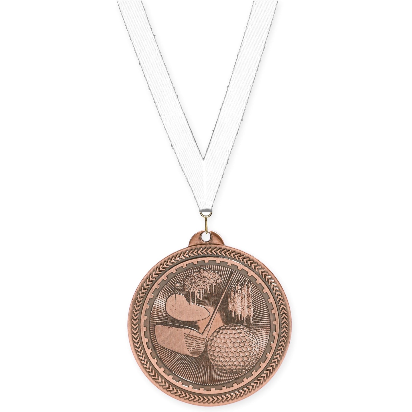 2 inch golf Sunburst medal in antique bronze with White neck ribbon