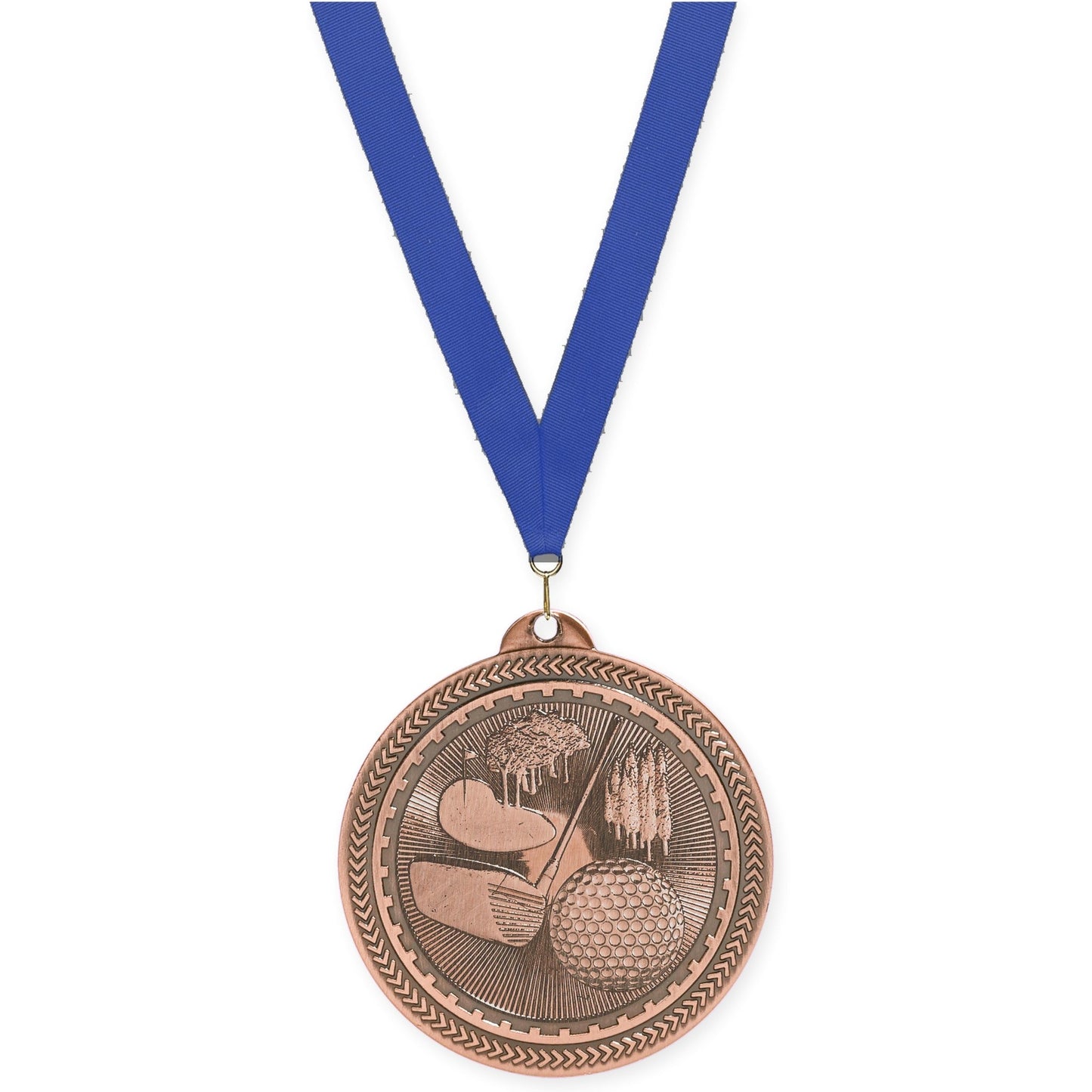 2 inch golf Sunburst medal in antique bronze with Blue neck ribbon