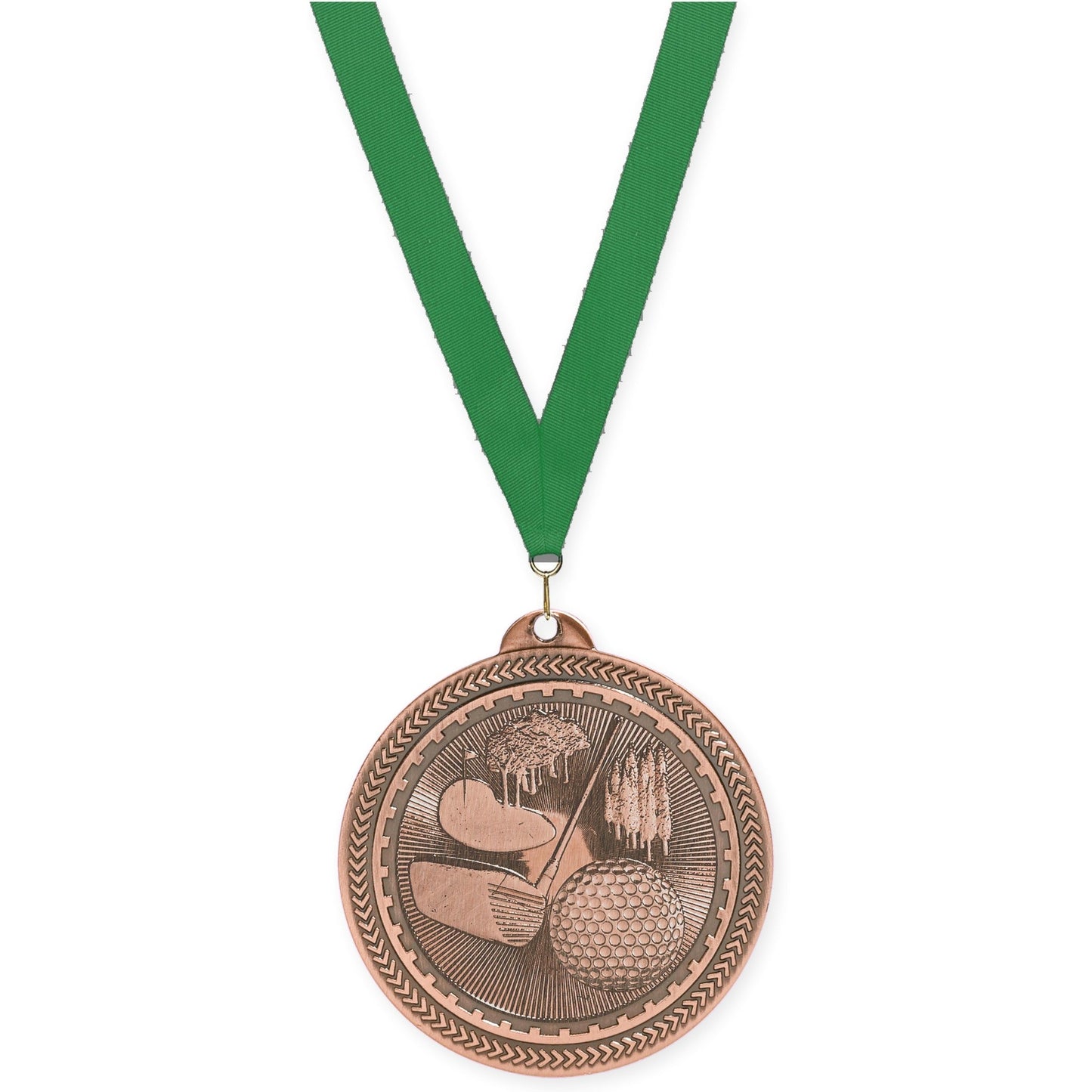 2 inch golf Sunburst medal in antique bronze with Green neck ribbon