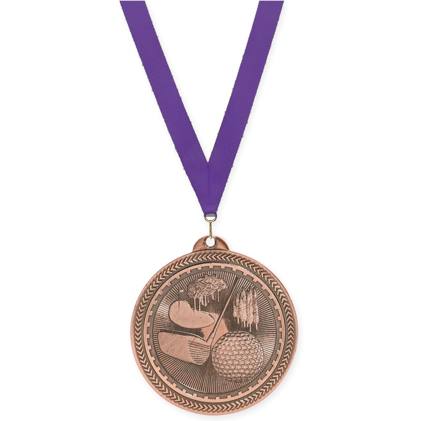 2 inch golf Sunburst medal in antique bronze with Purple neck ribbon
