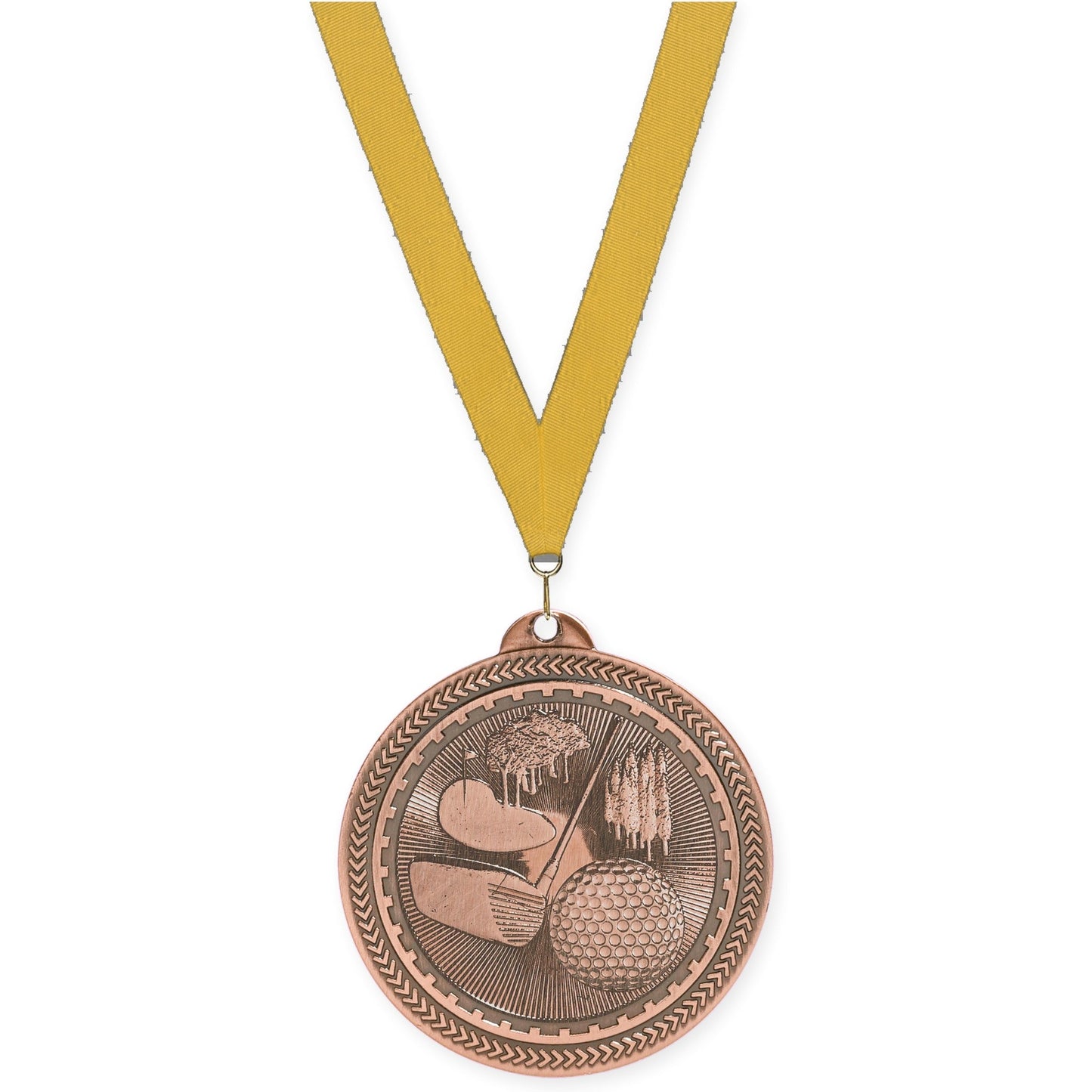 2 inch golf Sunburst medal in antique bronze with Gold neck ribbon