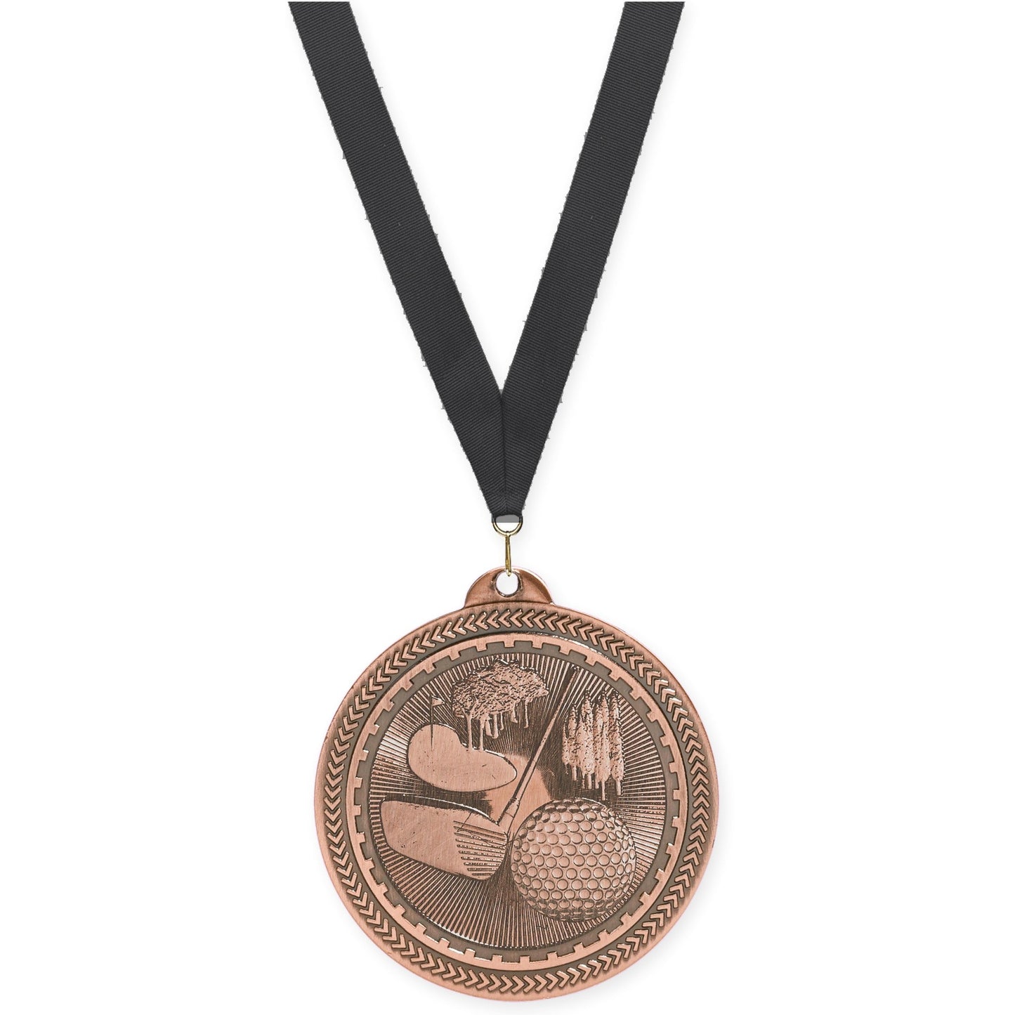 2 inch golf Sunburst medal in antique bronze with Black neck ribbon