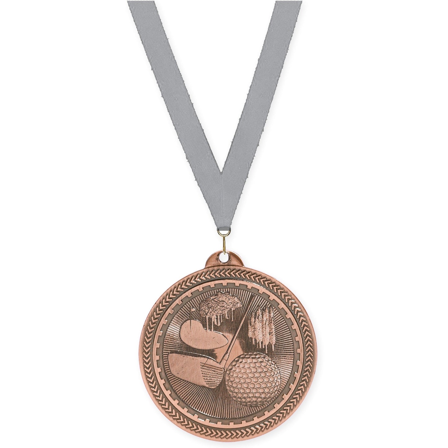 2 inch golf Sunburst medal in antique bronze with Gray neck ribbon