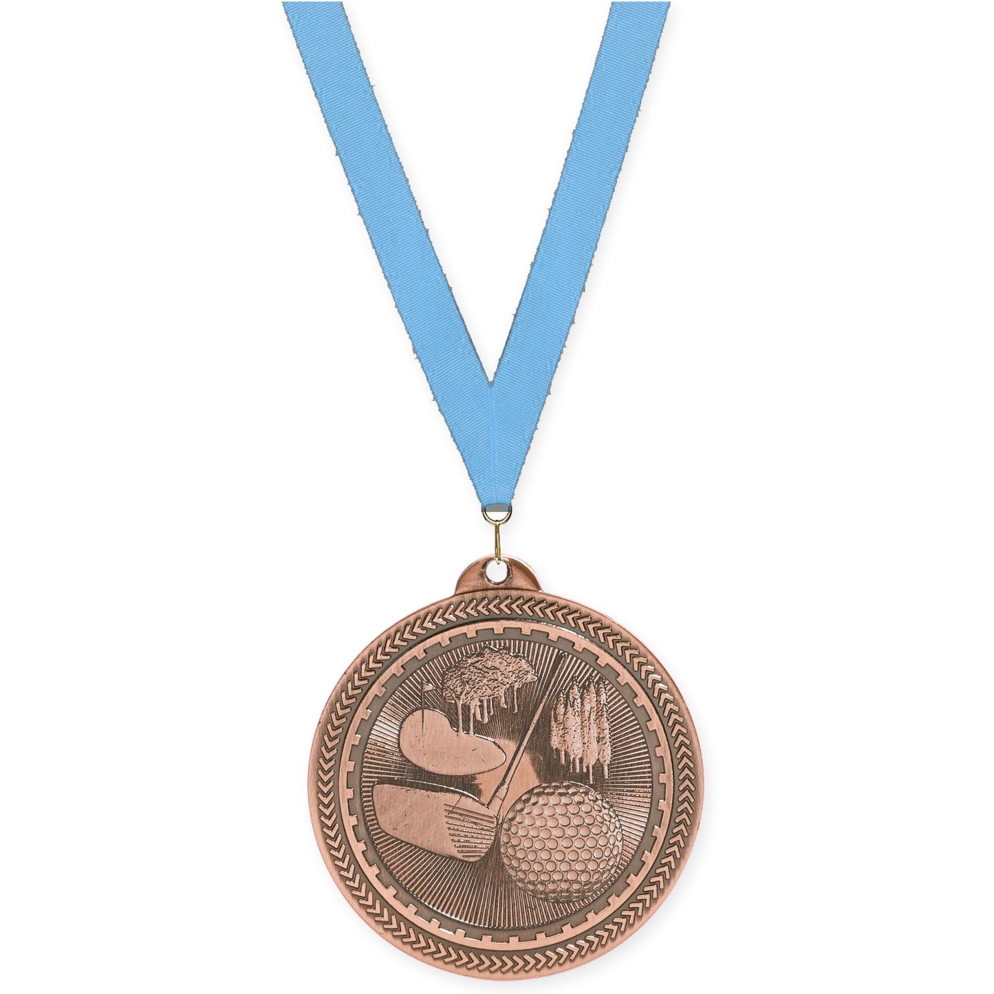 2 inch golf Sunburst medal in antique bronze with Light Blue neck ribbon