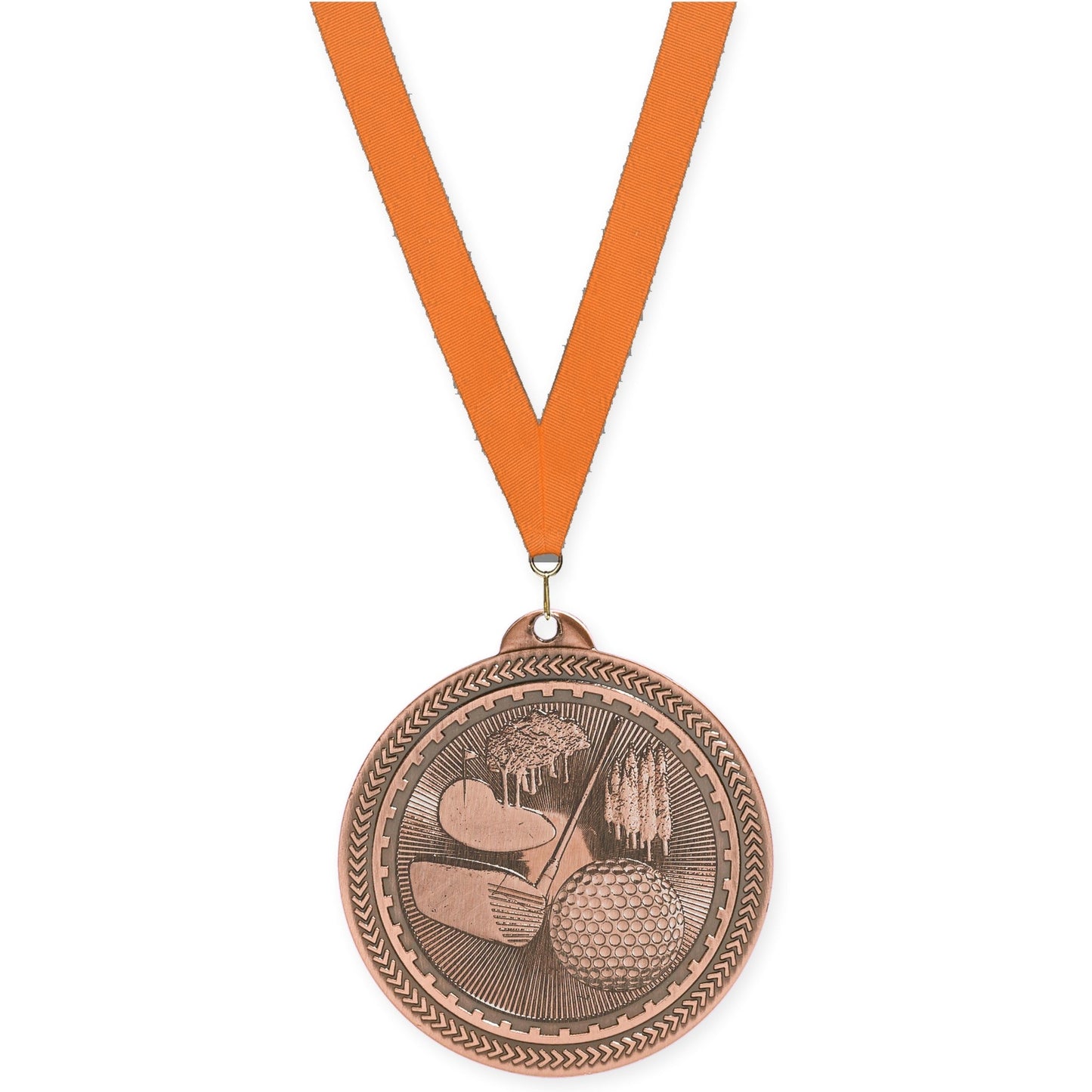 2 inch golf Sunburst medal in antique bronze with Orange neck ribbon