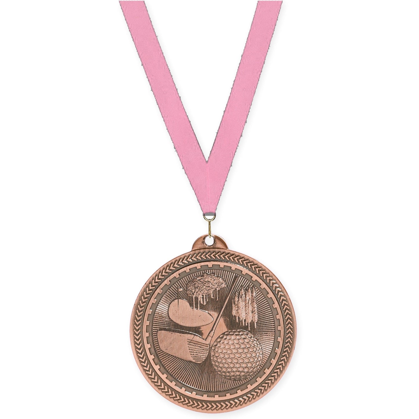 2 inch golf Sunburst medal in antique bronze with Pink neck ribbon