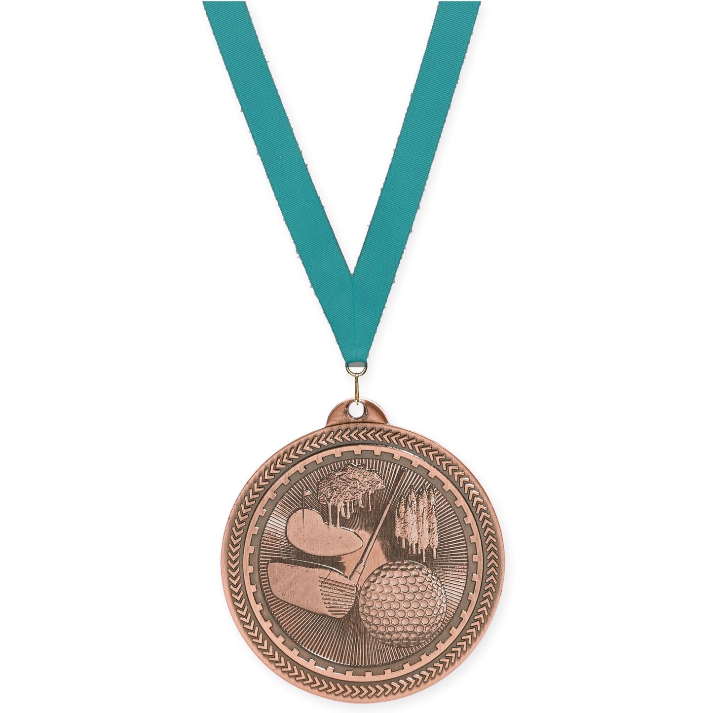 2 inch golf Sunburst medal in antique bronze with Teal neck ribbon