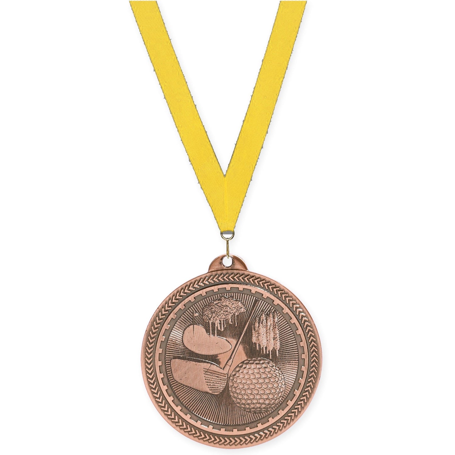 2 inch golf Sunburst medal in antique bronze with Yellow neck ribbon