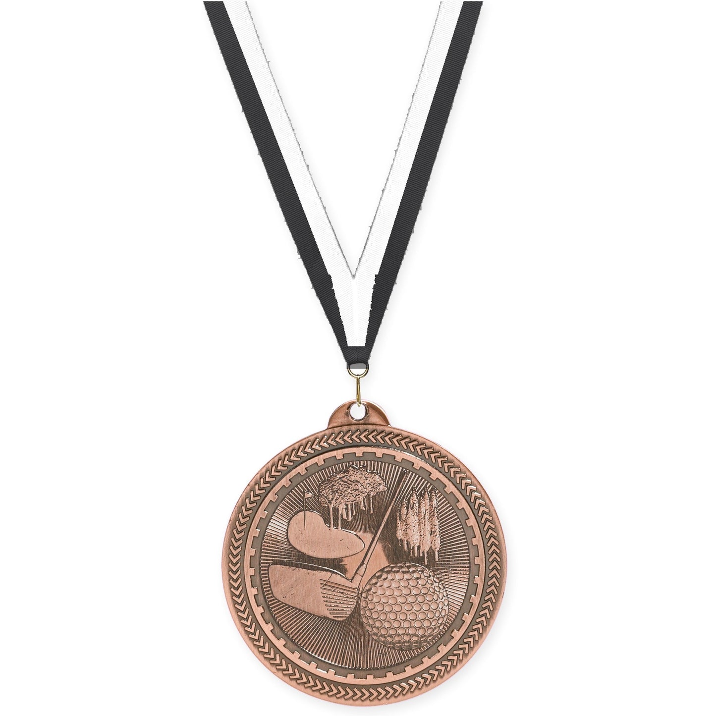 2 inch golf Sunburst medal in antique bronze with Black White neck ribbon