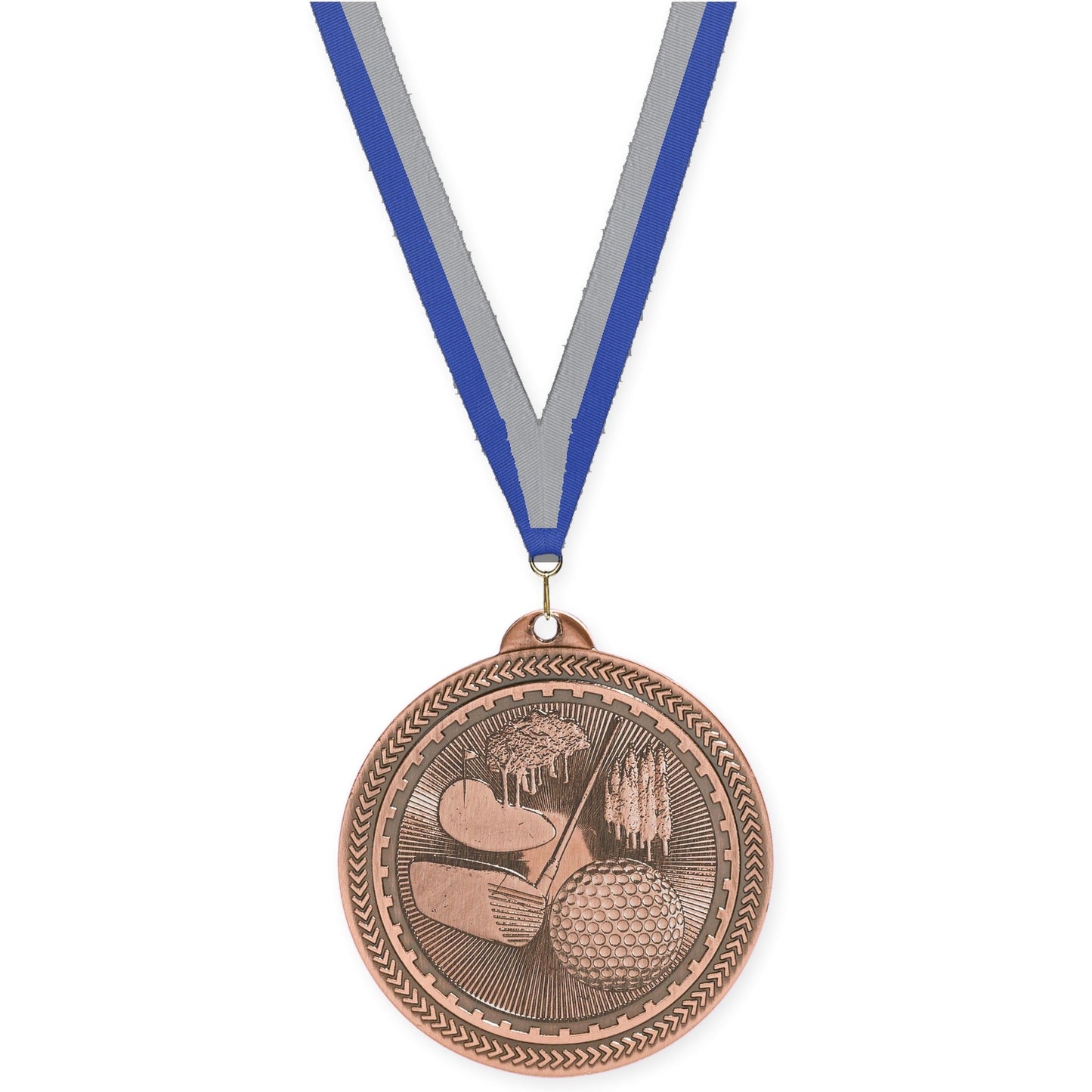 2 inch golf Sunburst medal in antique bronze with Blue Gray neck ribbon