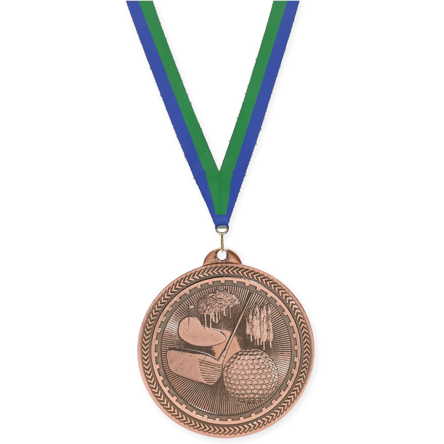 2 inch golf Sunburst medal in antique bronze with Blue Green neck ribbon