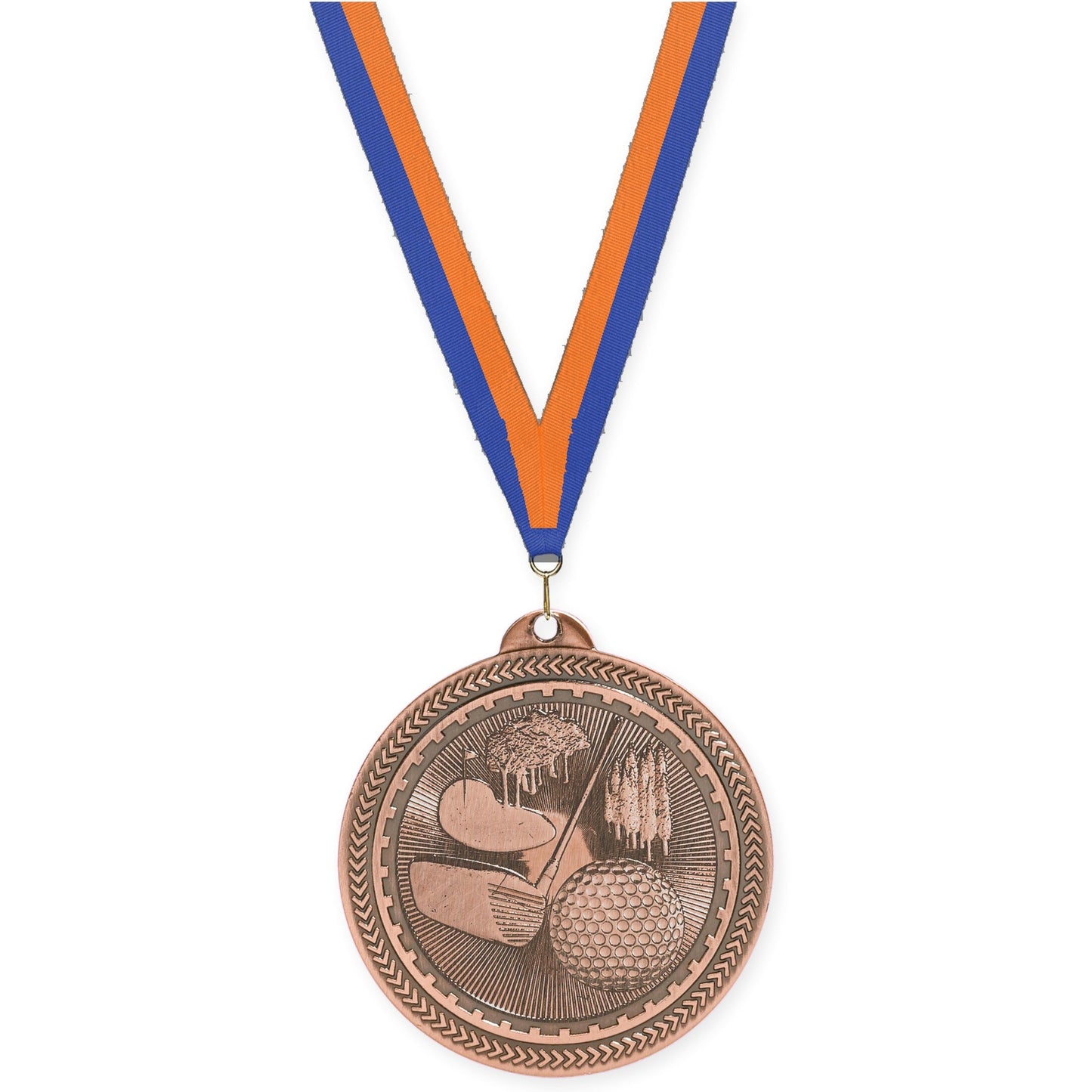 2 inch golf Sunburst medal in antique bronze with Blue Orange neck ribbon