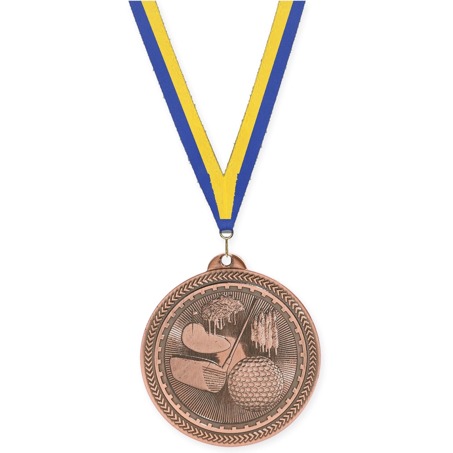 2 inch golf Sunburst medal in antique bronze with Blue Yellow neck ribbon