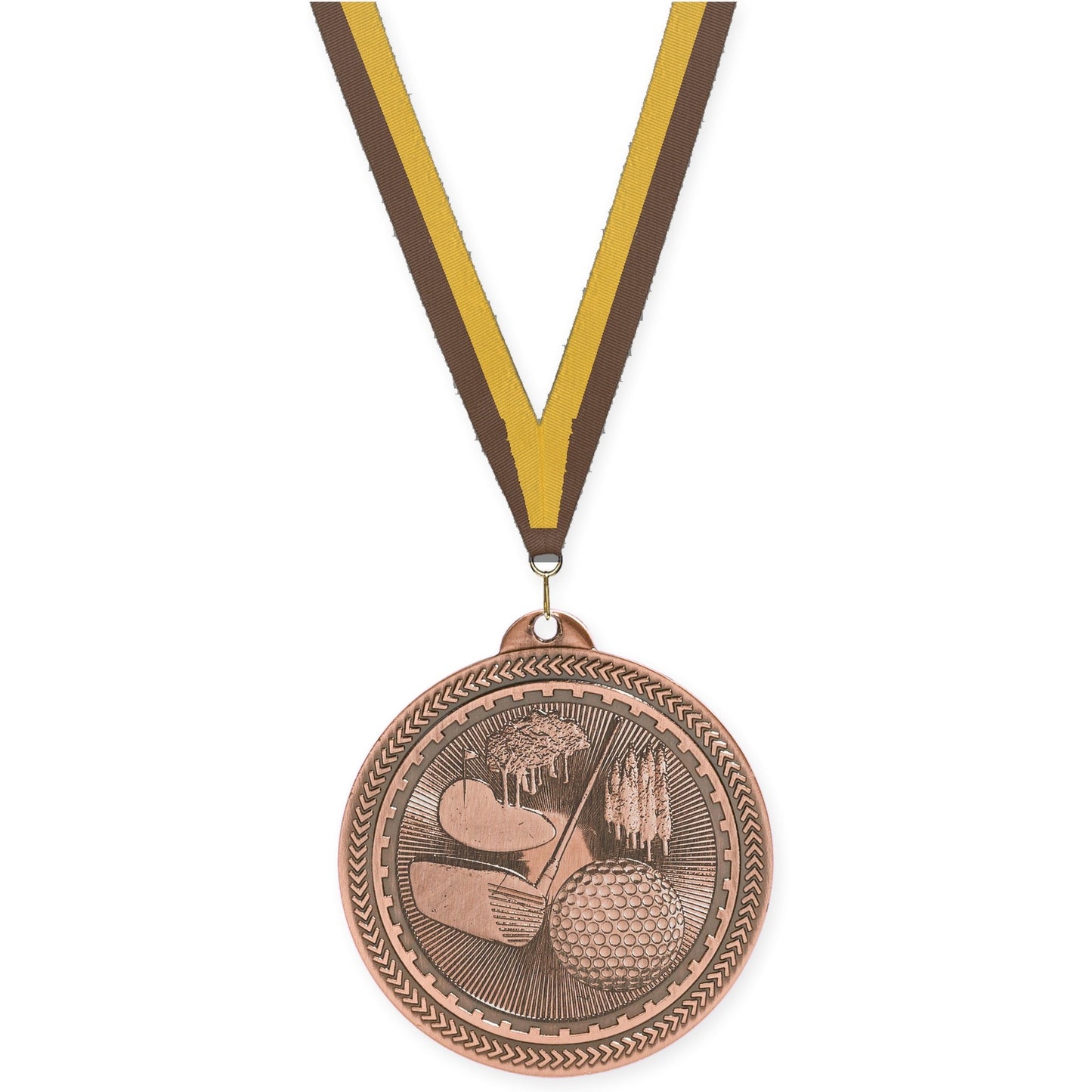 2 inch golf Sunburst medal in antique bronze with Brown Gold neck ribbon