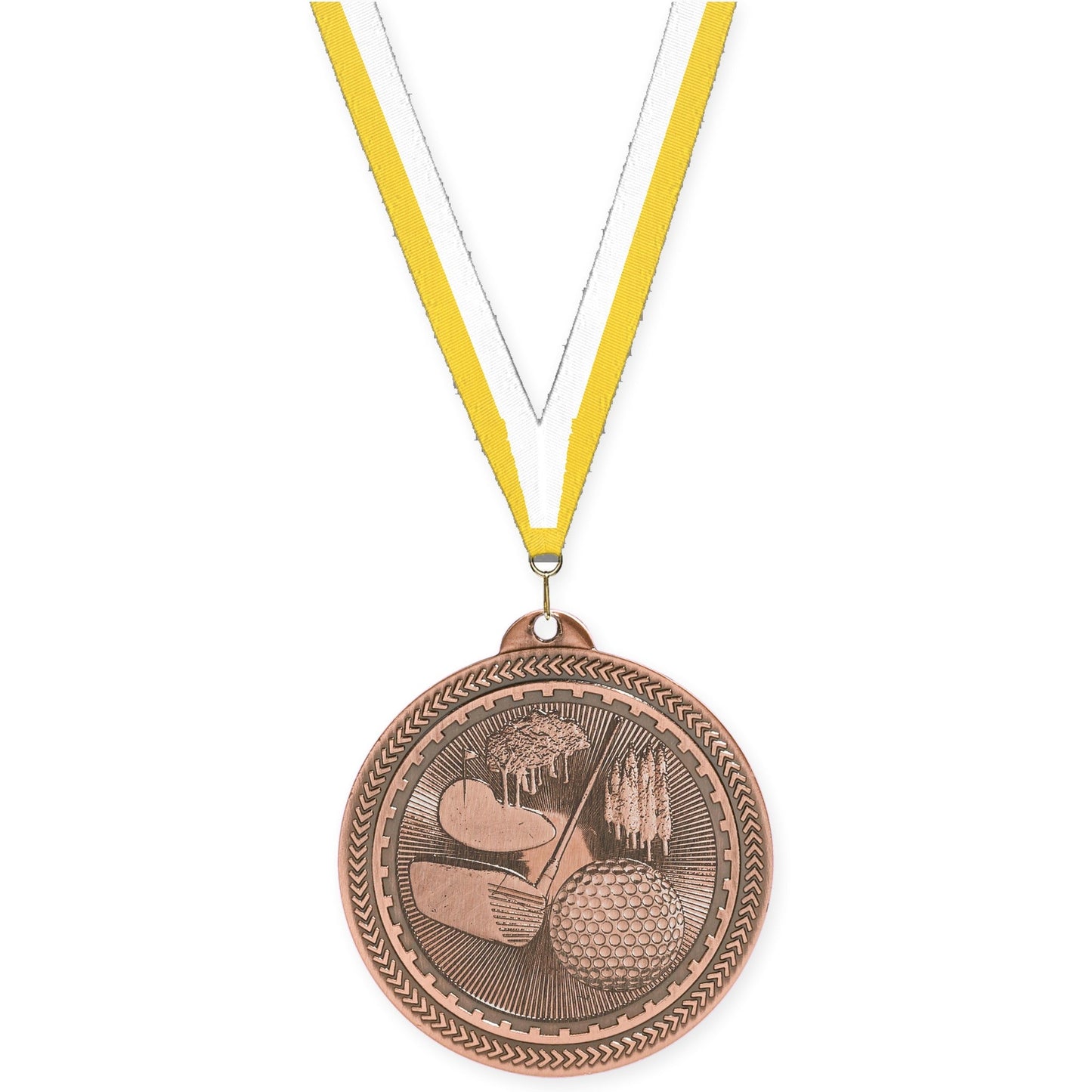 2 inch golf Sunburst medal in antique bronze with Yellow White neck ribbon